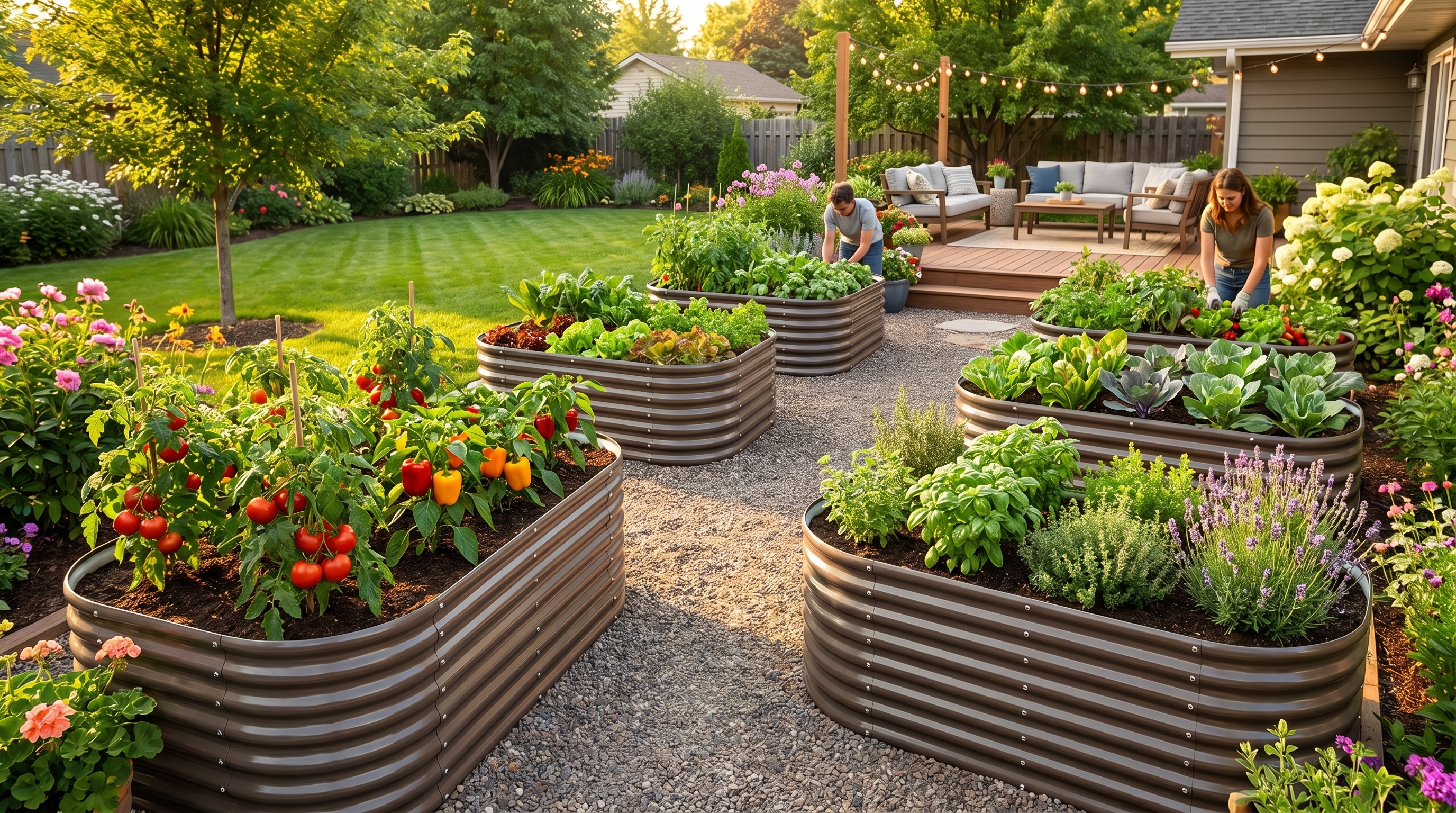 Lush raised metal garden beds filled with summer vegetables and herbs in a beautifully designed backyard garden space