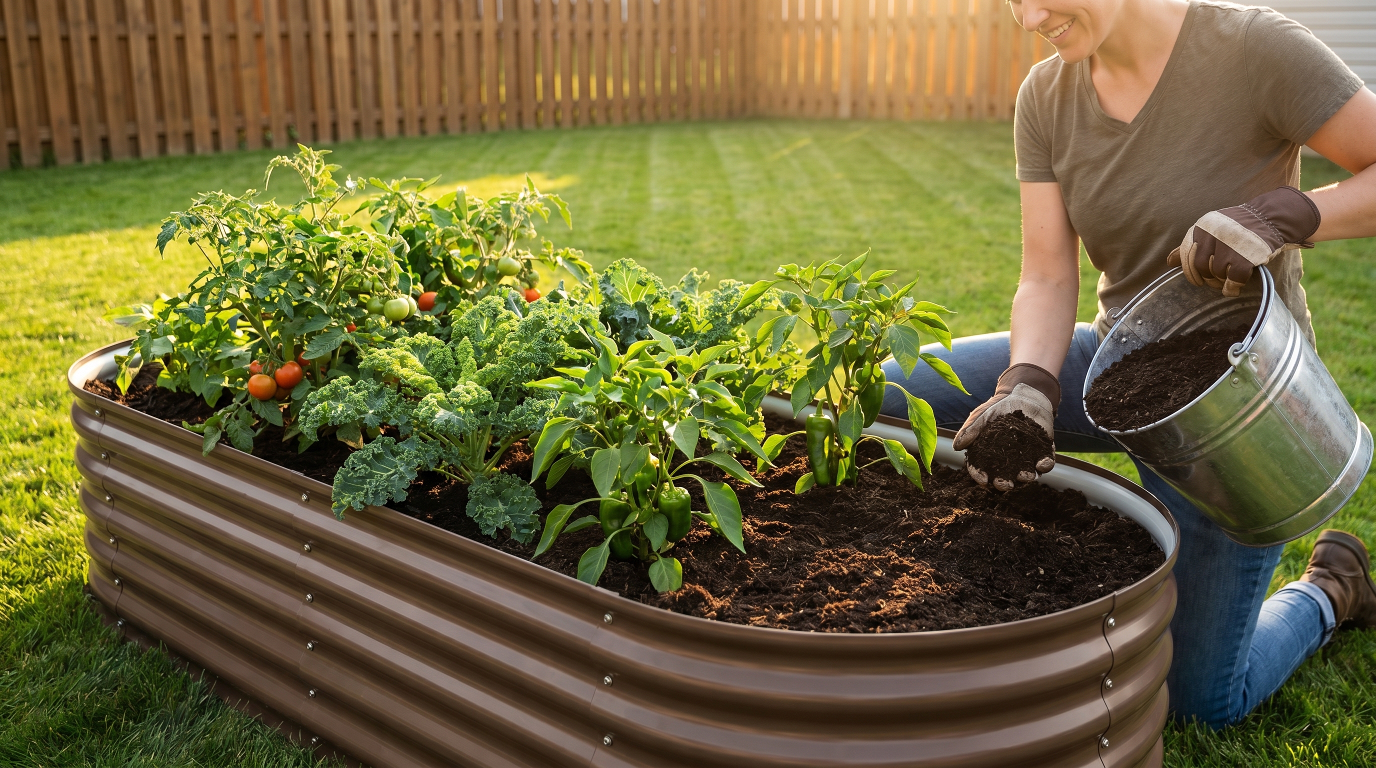 A gardener adding finished compost to a galvanized steel raised garden bed filled with thriving vegetable plants