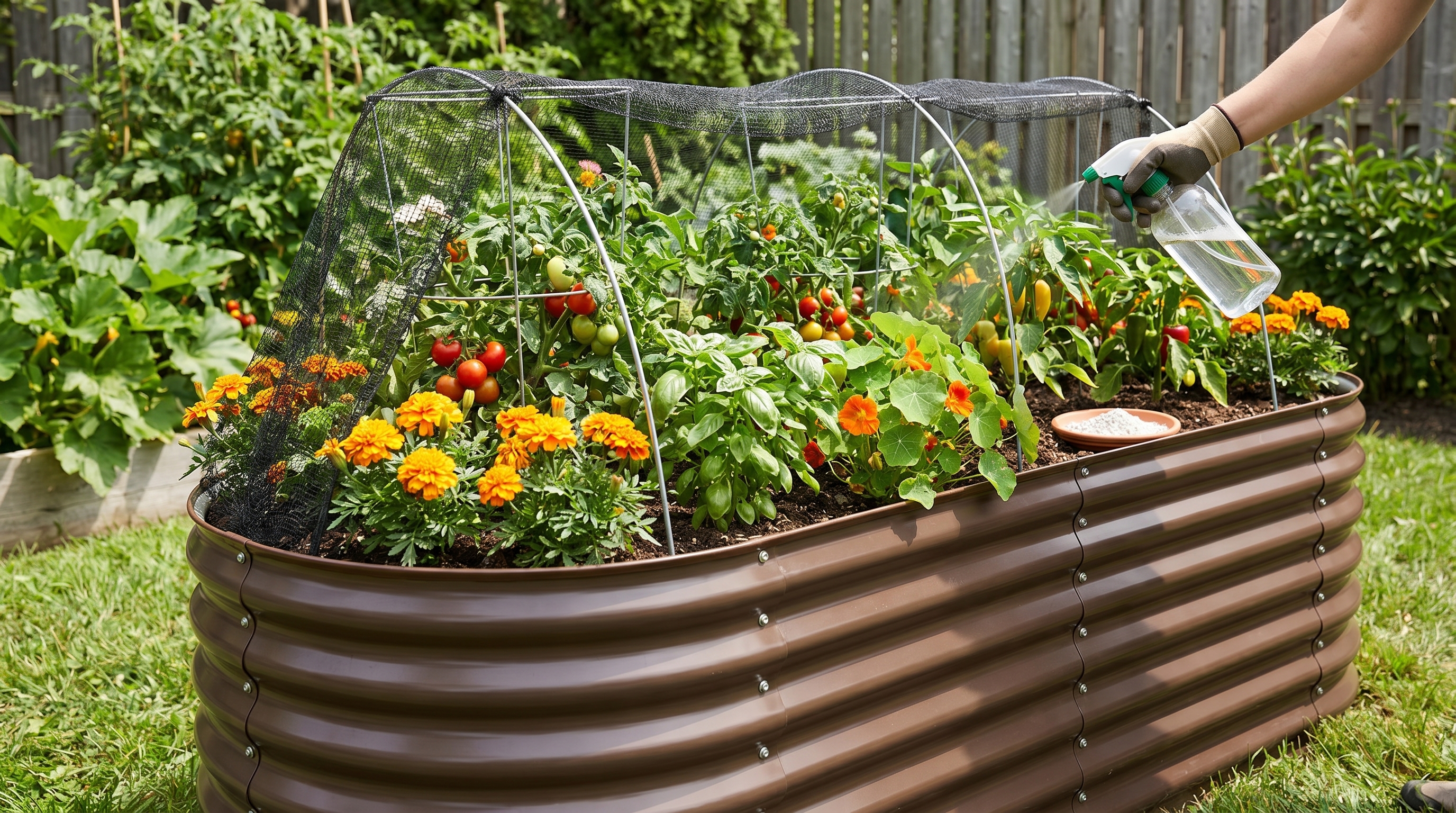 Raised garden beds with companion plants, row cover netting, and organic spray application demonstrating layered pest control strategies