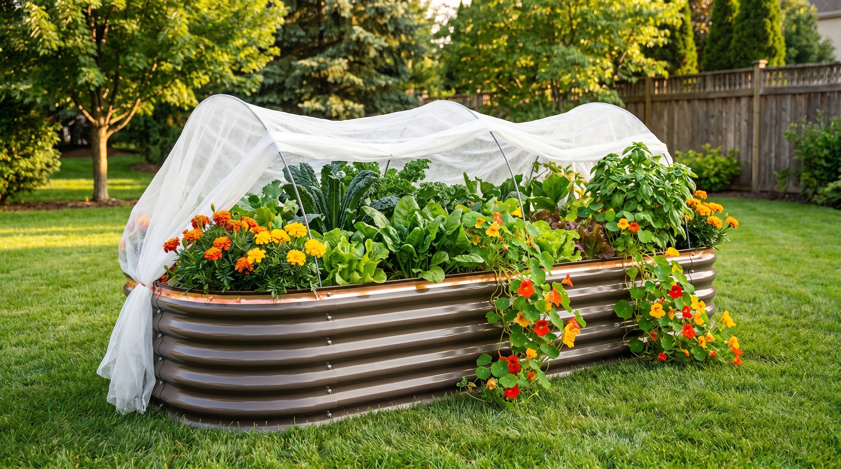 A thriving raised garden bed with healthy vegetables protected by organic pest control methods including companion plants and physical barriers
