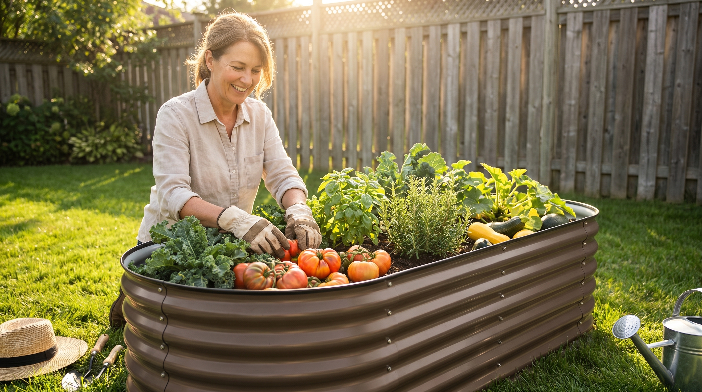 A person tending to a raised garden bed outdoors on a sunny summer morning, surrounded by healthy green vegetables and herbs