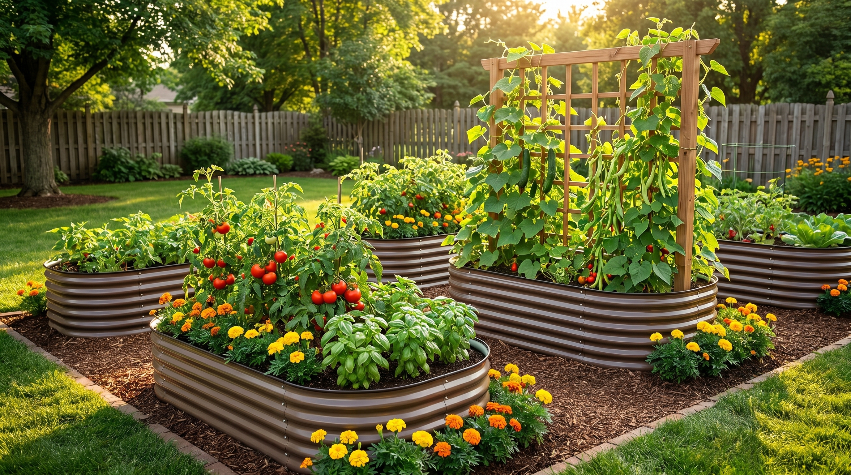 Raised garden beds with companion plantings of tomatoes, basil, and marigolds in a well-planned sunny backyard layout