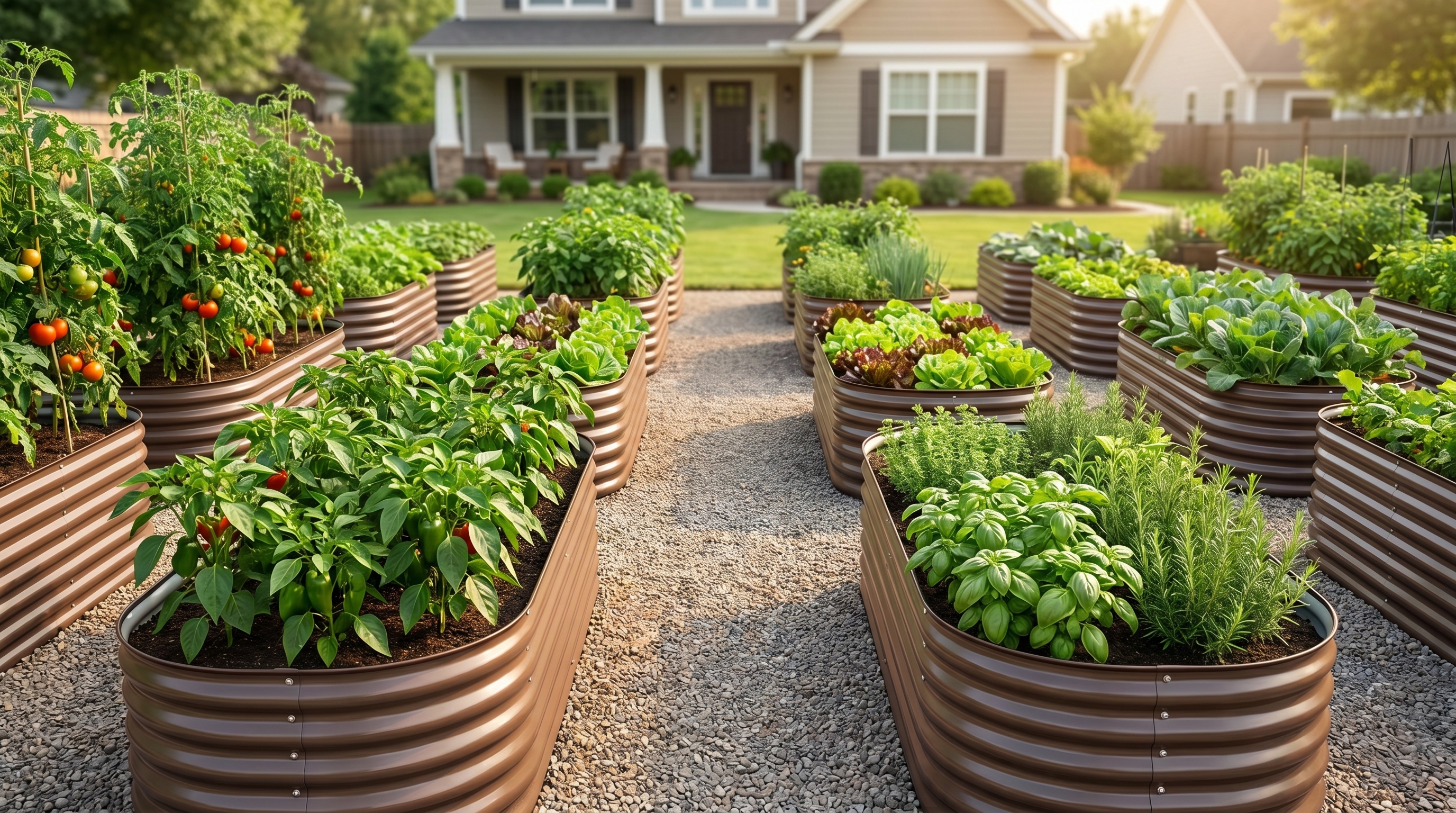 A well-organized raised garden bed layout in a sunny backyard with vegetables growing in structured rows