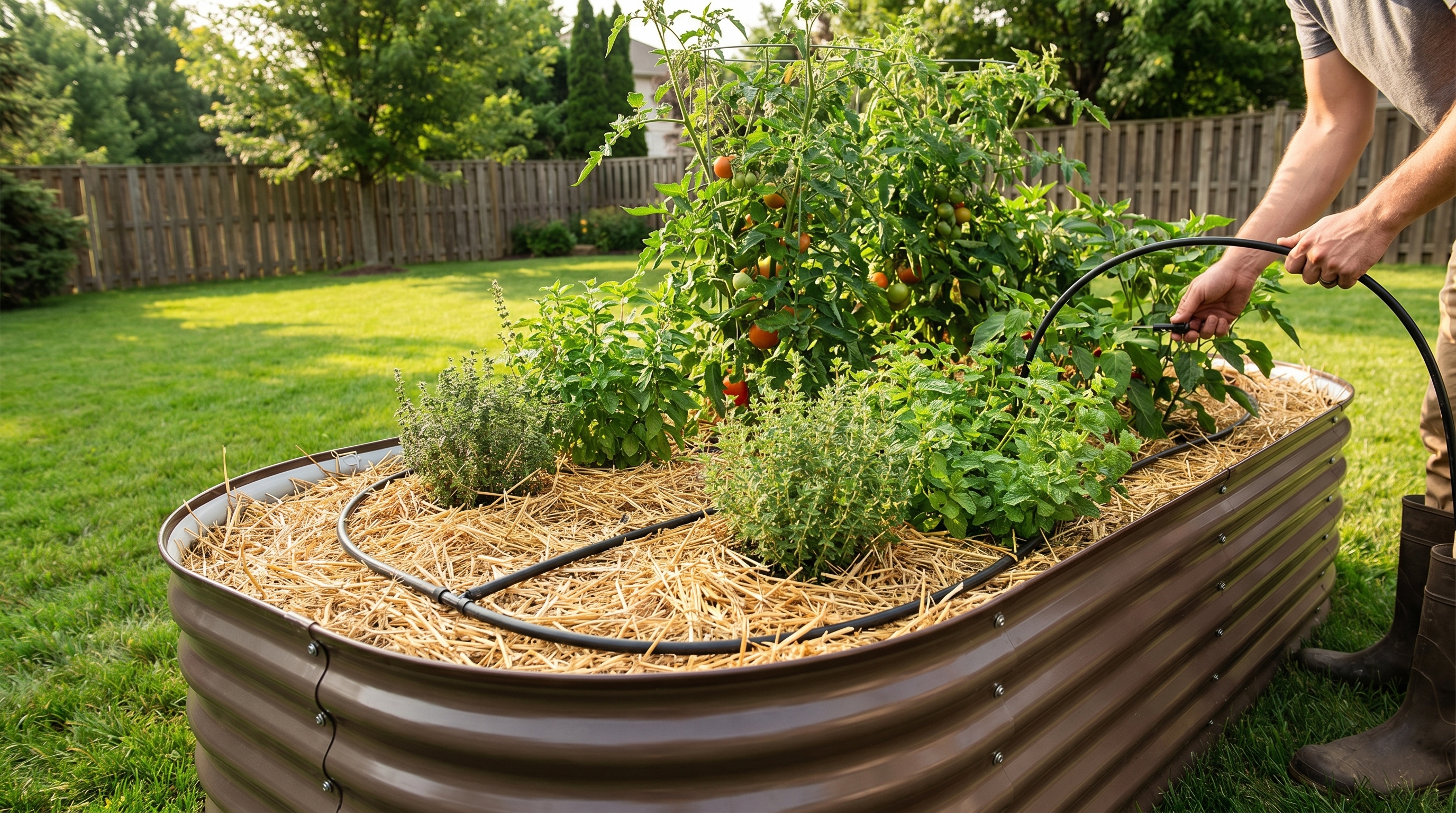 A gardener watering raised metal garden beds in summer heat with mulch and drip irrigation visible