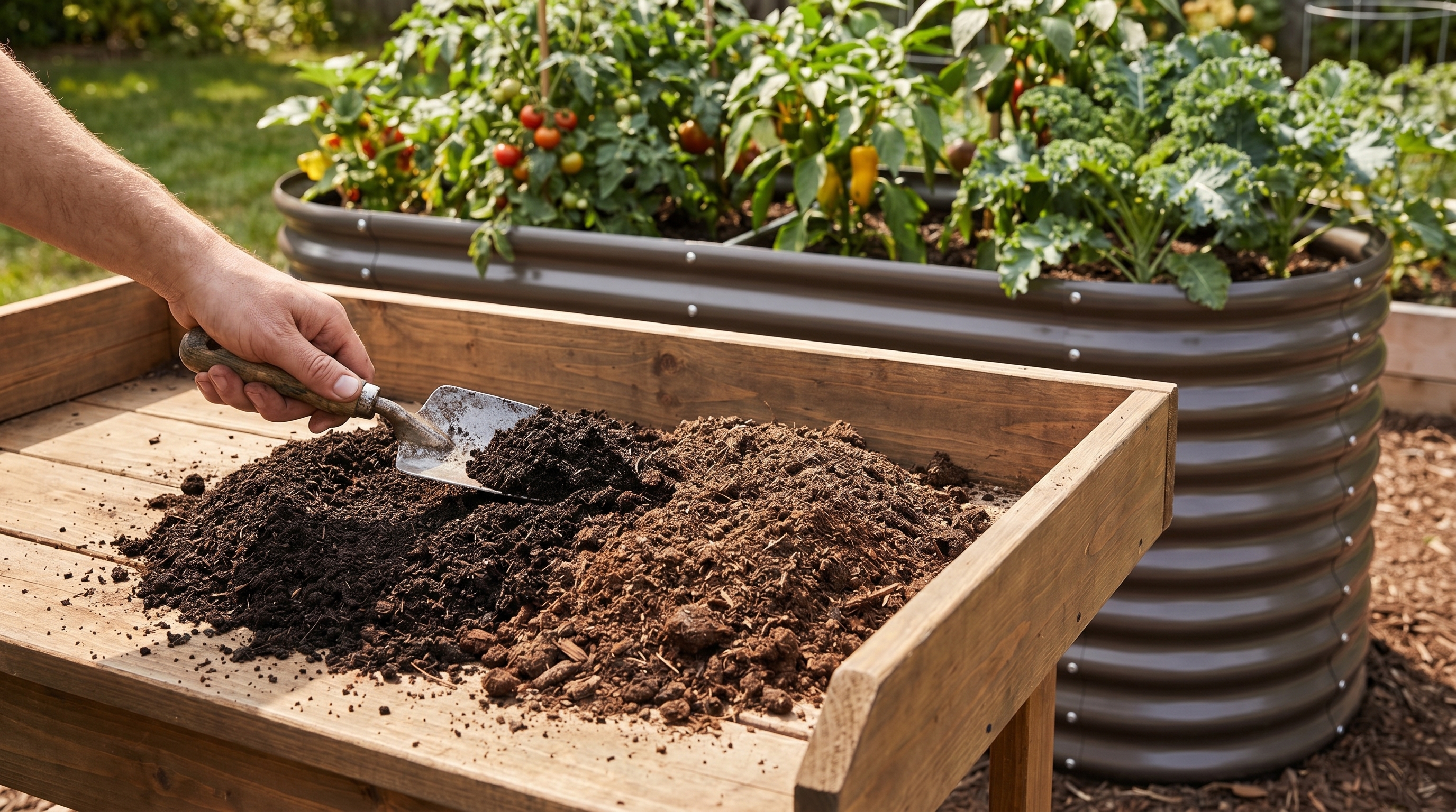 Worm castings and finished hot compost being mixed to create a premium raised bed soil amendment
