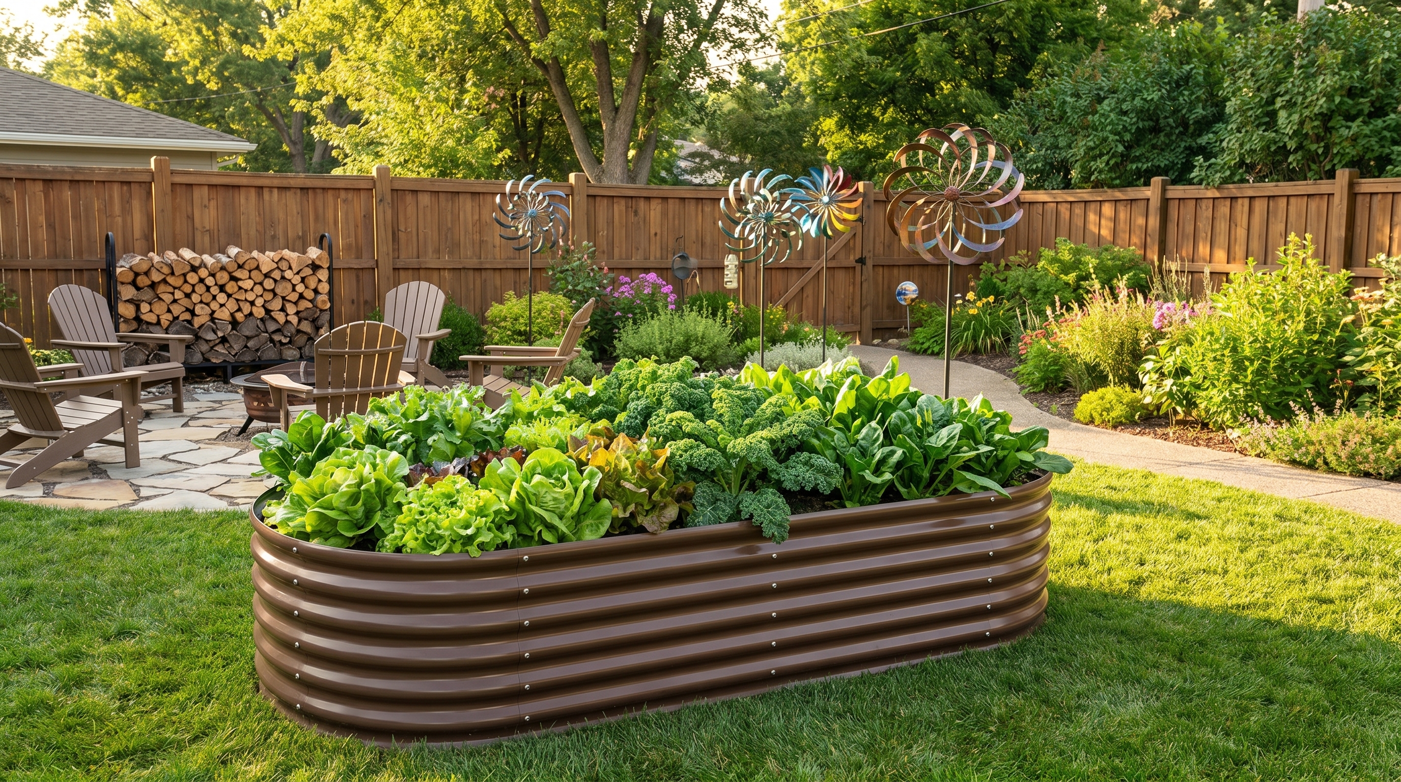 A backyard transformed with raised garden beds, decorative spinners, and organized outdoor storage before summer ends