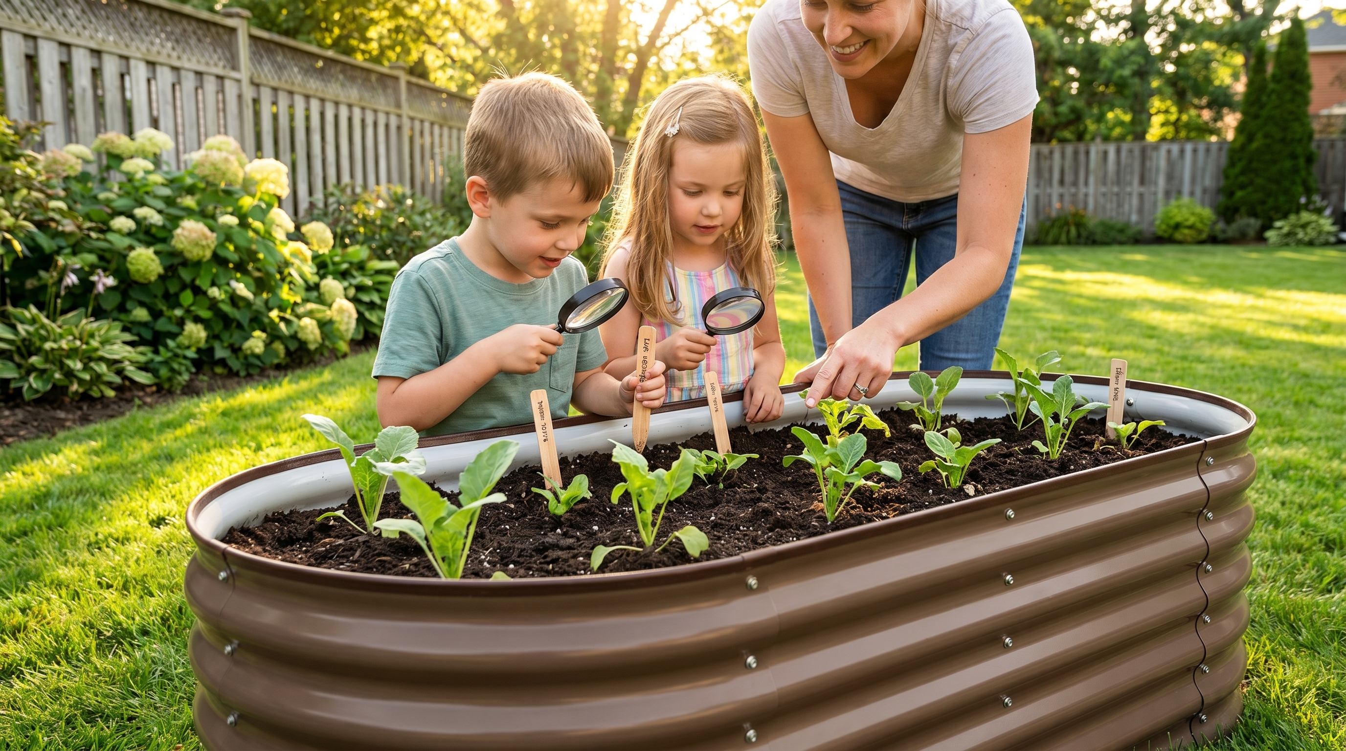 Children examining vegetable seedlings in a galvanized steel raised garden bed with a parent supervising