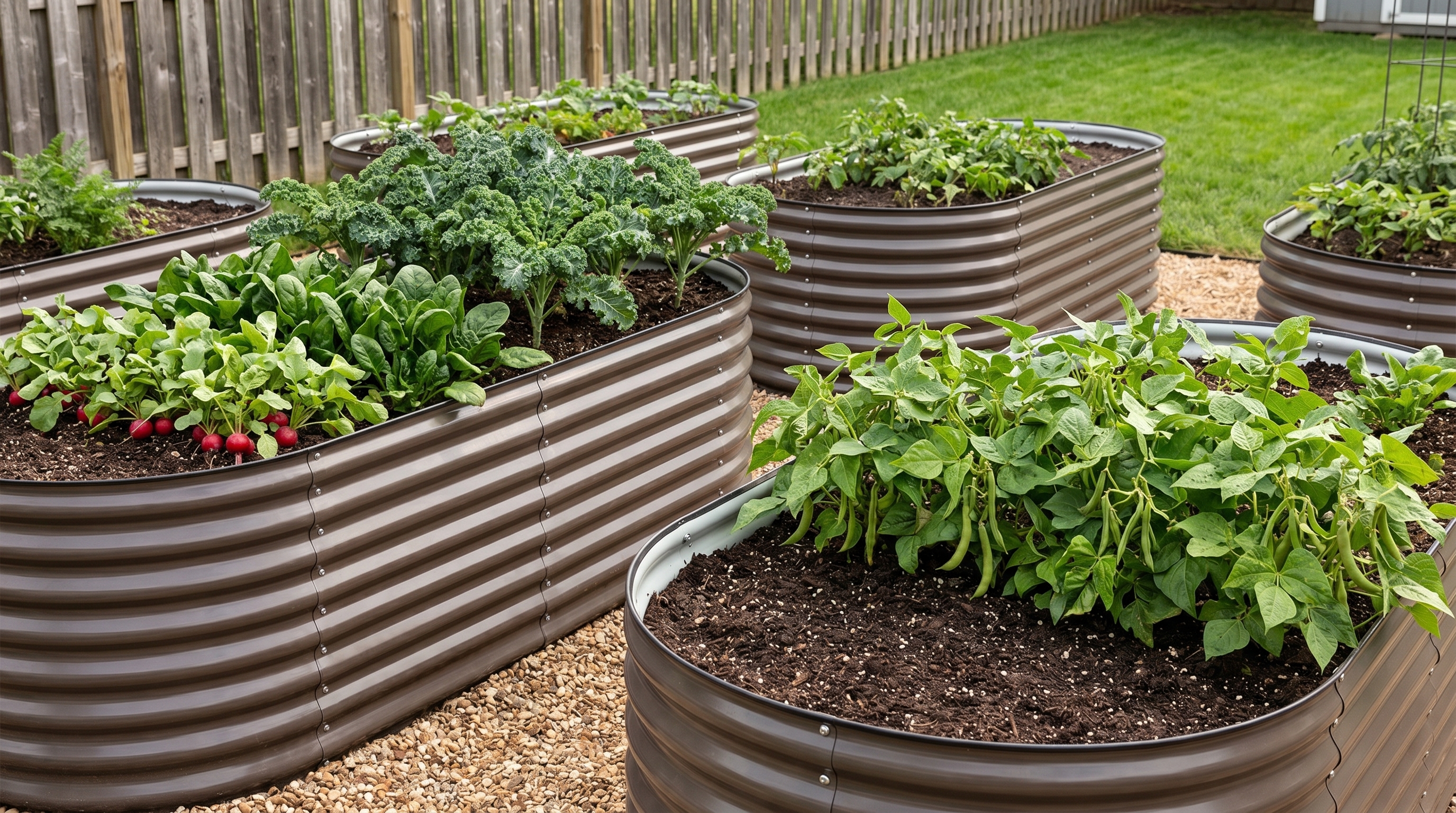 Galvanized steel raised garden beds with late-season vegetables growing in a well-organized backyard setting