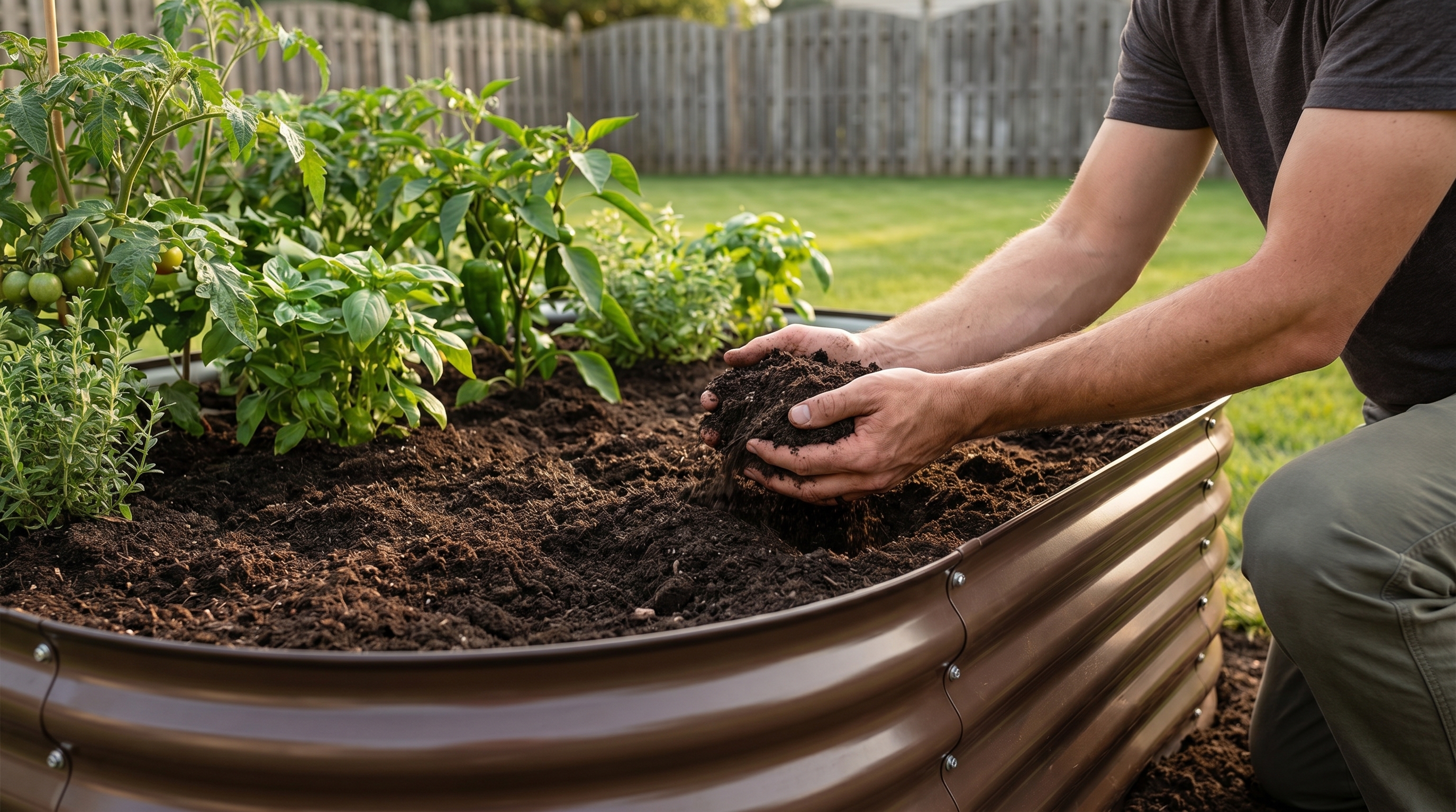 A gardener inspecting raised garden bed soil for signs of compaction and nutrient depletion