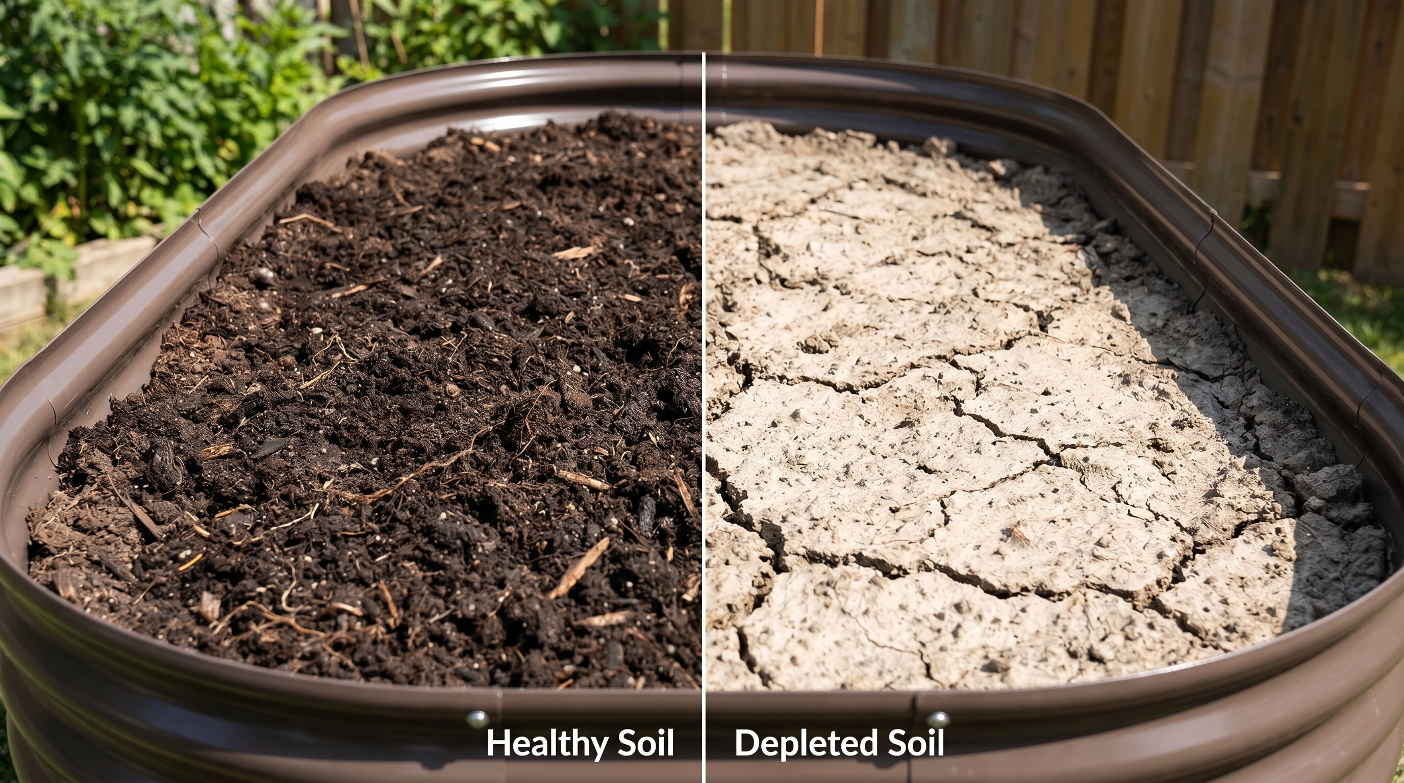 Healthy versus depleted raised garden bed soil comparison showing structure and color differences