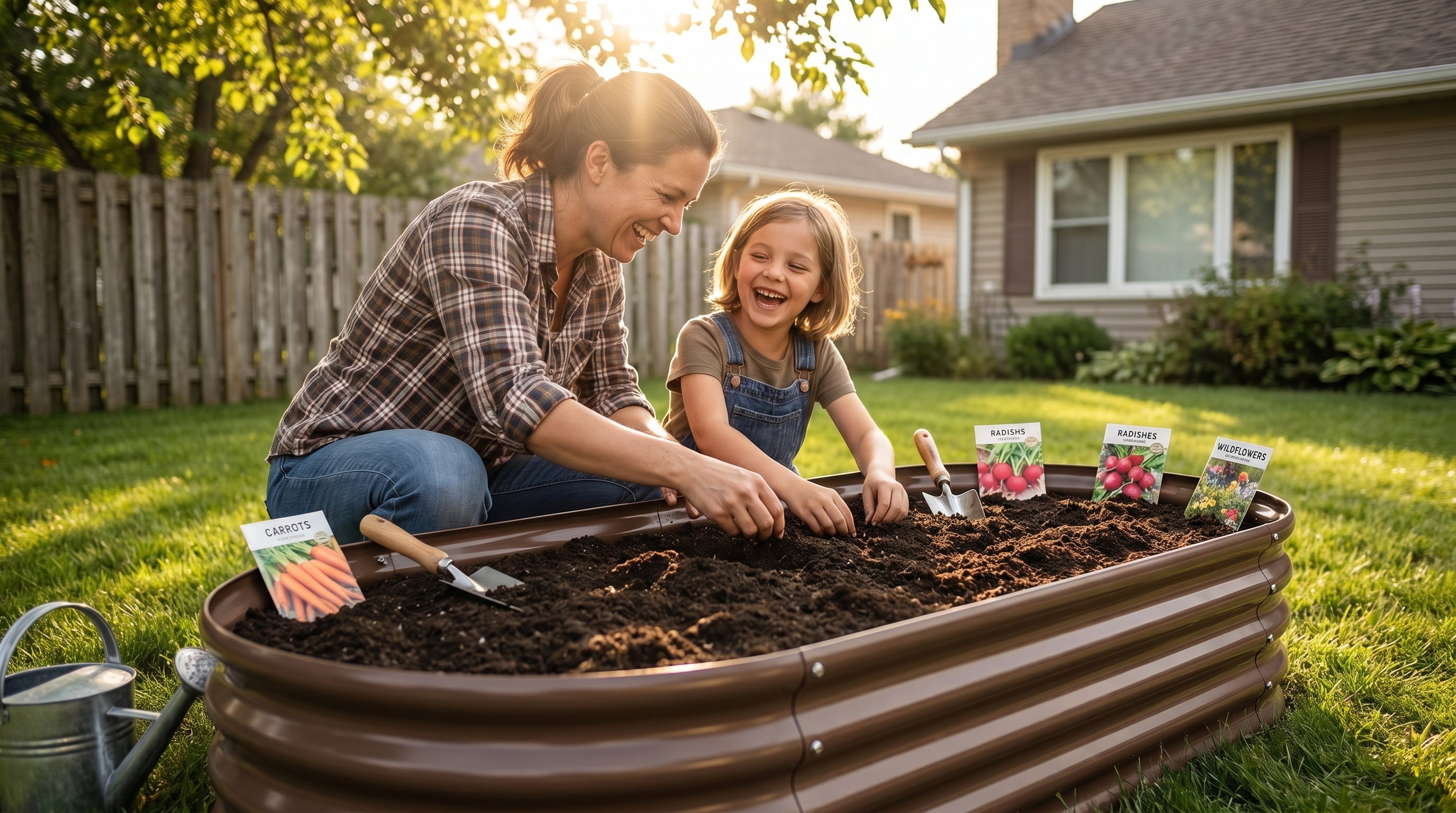 A parent and child planting seeds together in a raised garden bed during summer
