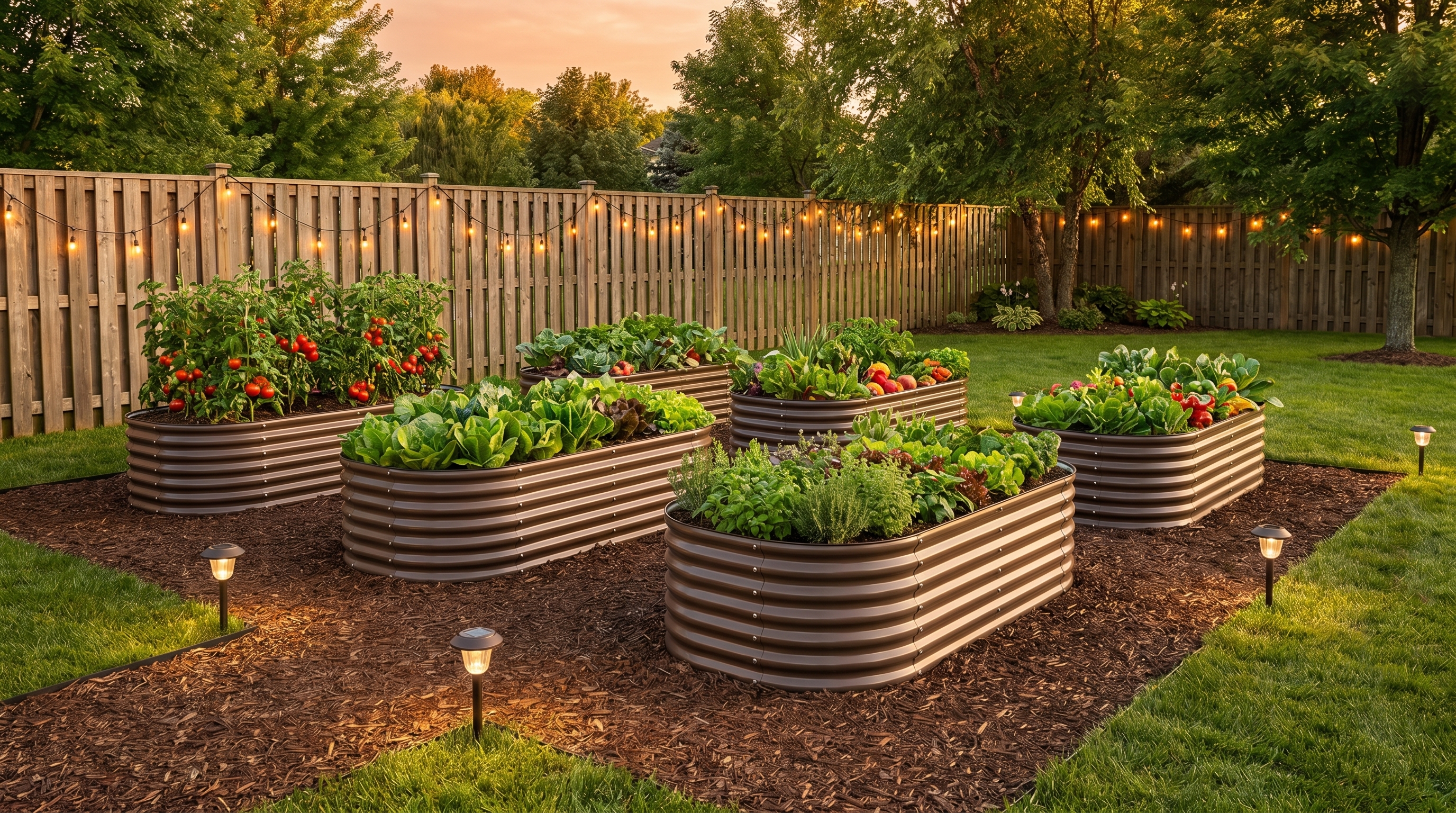 Anleolife galvanized steel raised garden beds arranged in a well-lit summer backyard garden with thriving vegetable plants