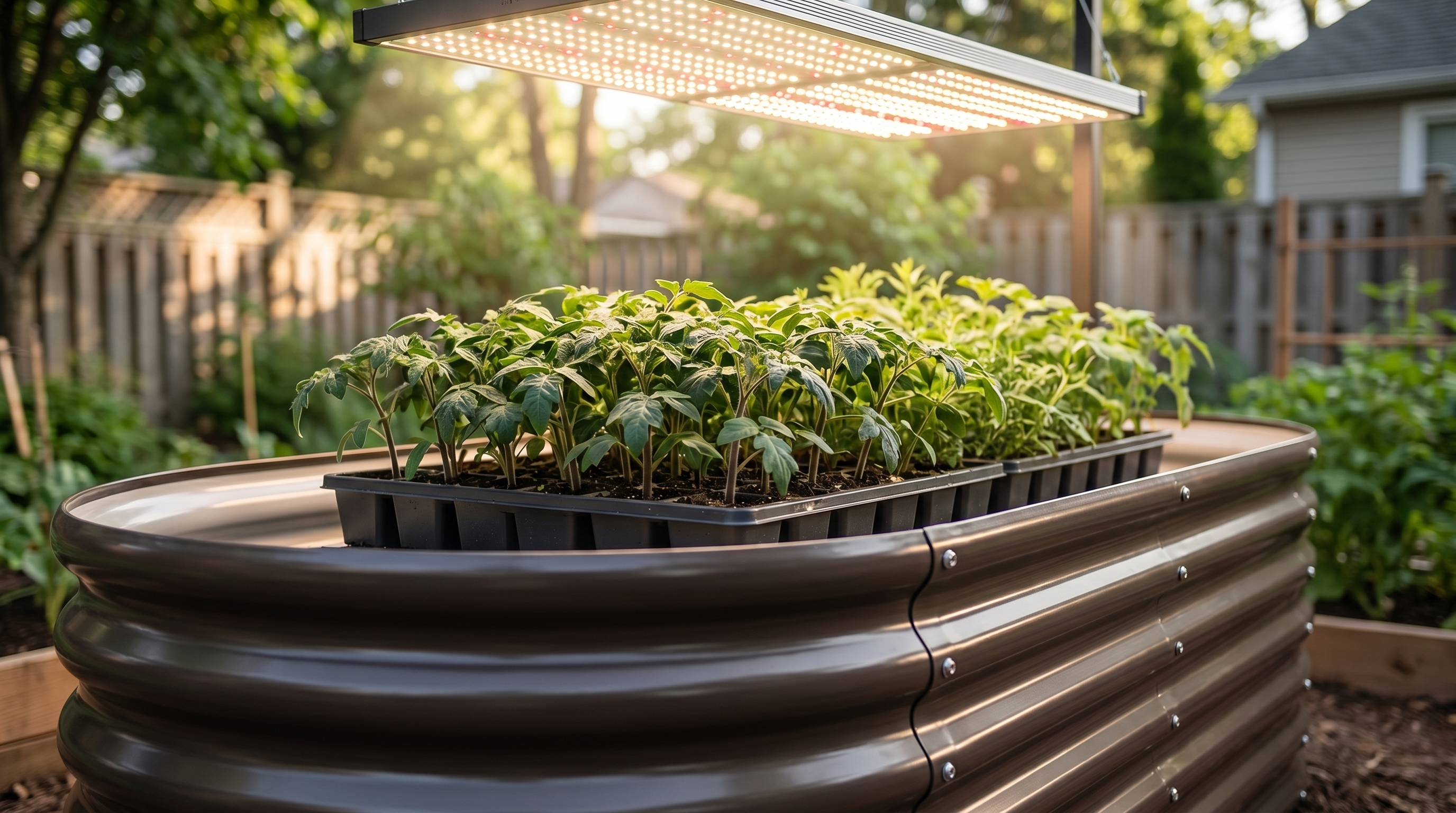 Full-spectrum LED grow light illuminating a raised garden bed starter tray with tomato and herb seedlings