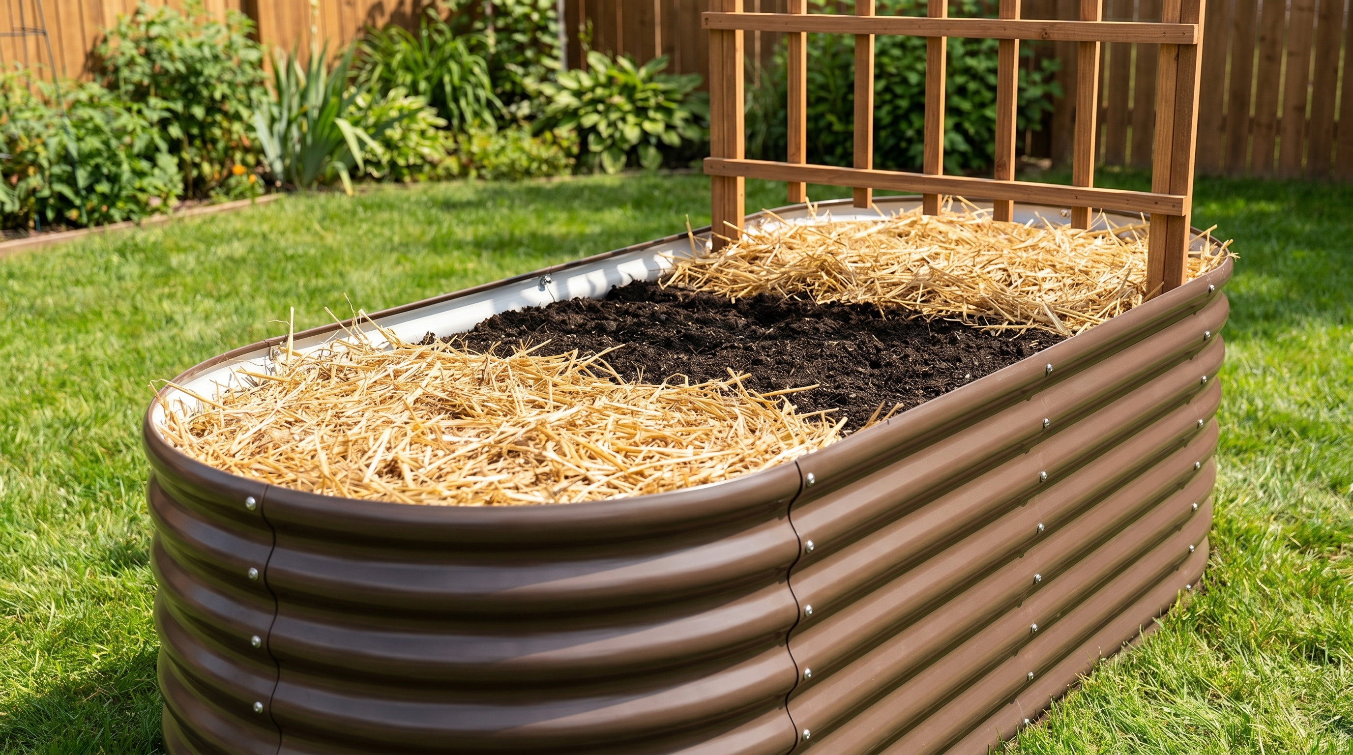 Raised garden bed with rich dark compost soil, mulch layer, and trellis support ready for summer planting
