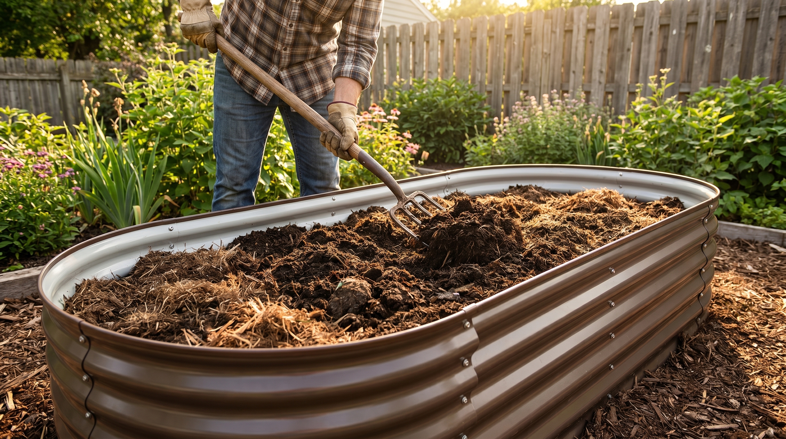 A gardener preparing raised garden bed soil with compost and tools for summer growing season