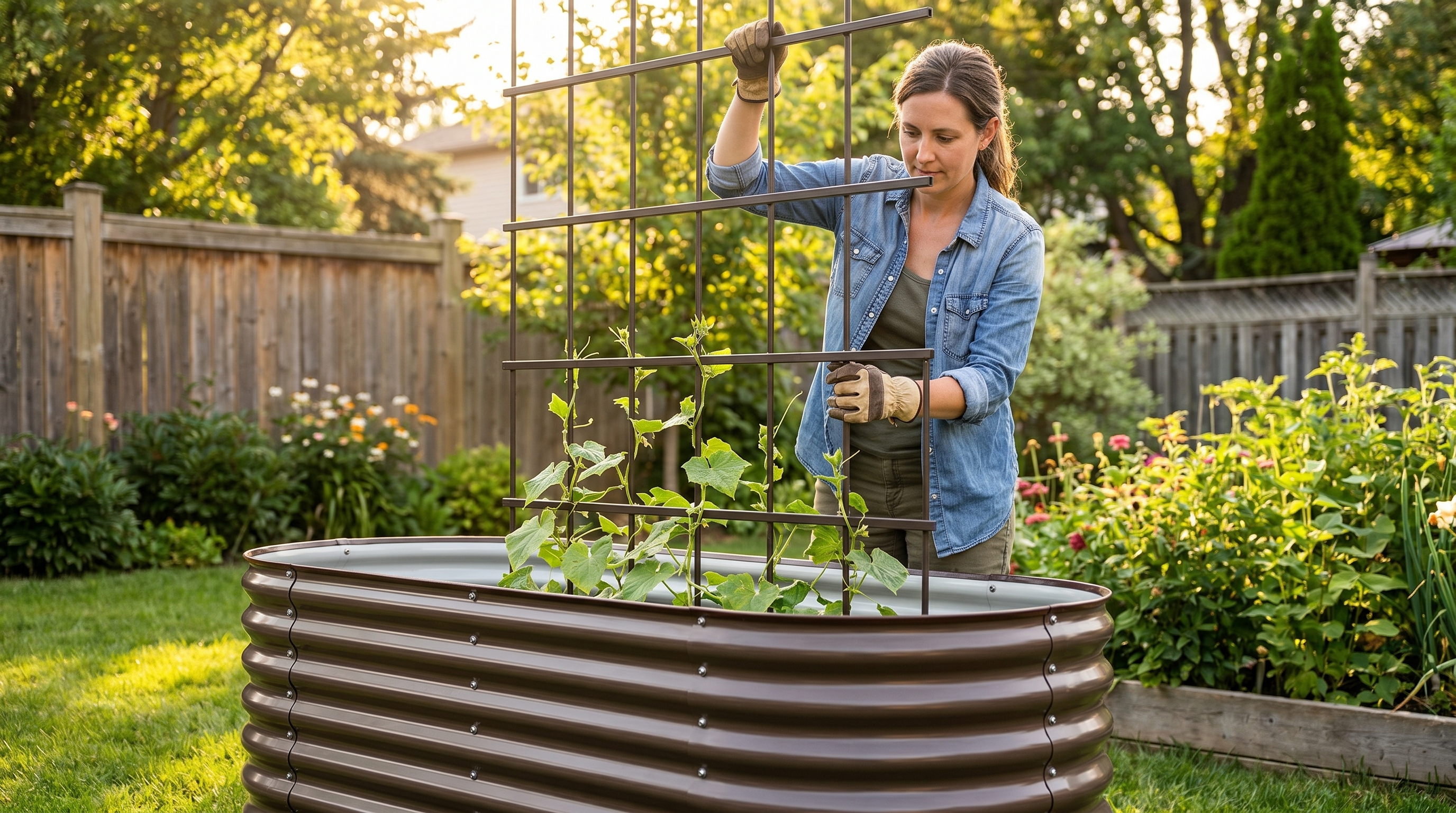 Gardener installing a trellis in a galvanized steel raised garden bed for summer cucumber growing
