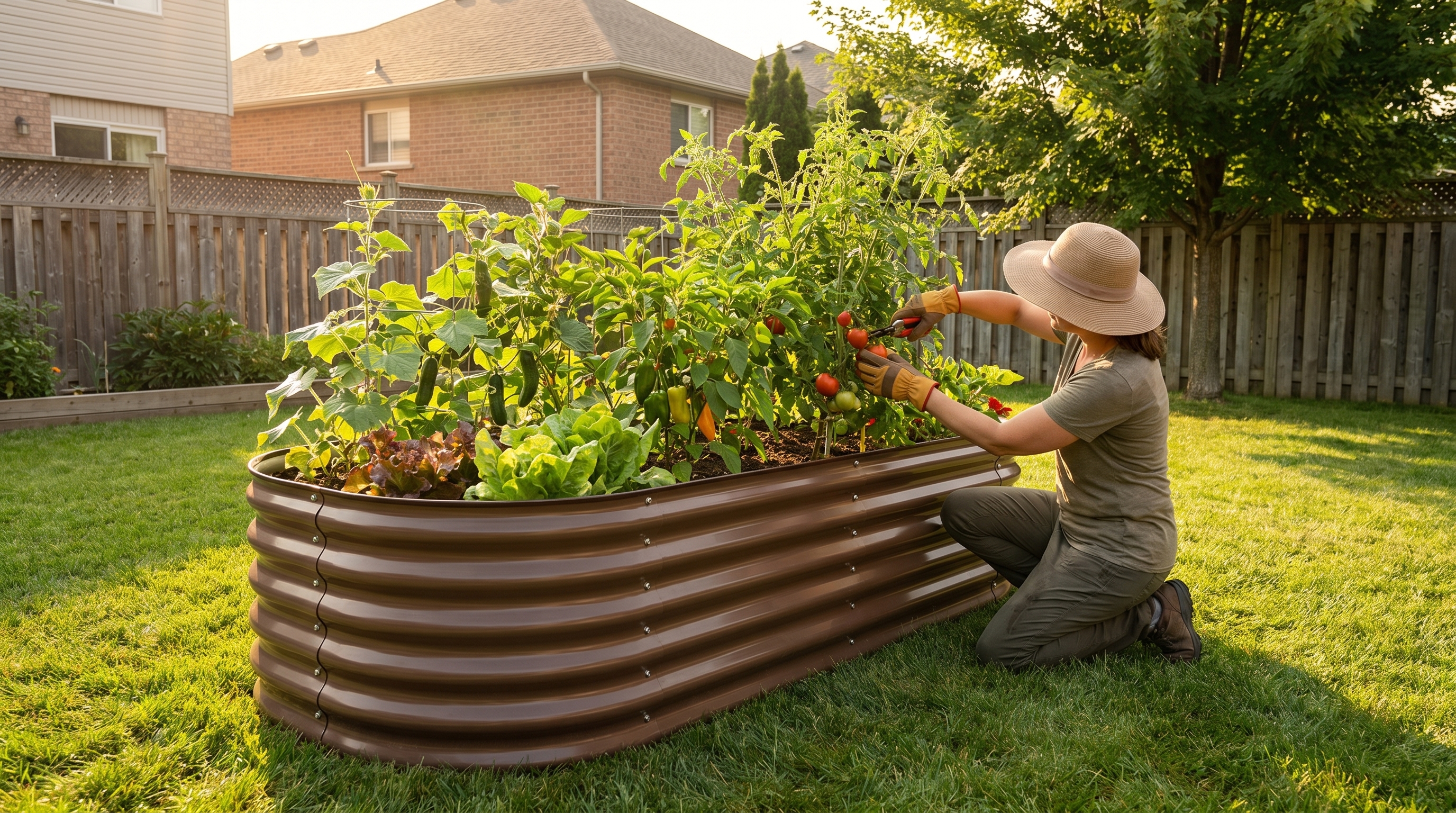 A gardener performing mid-season maintenance on a raised metal garden bed filled with thriving summer vegetables in June