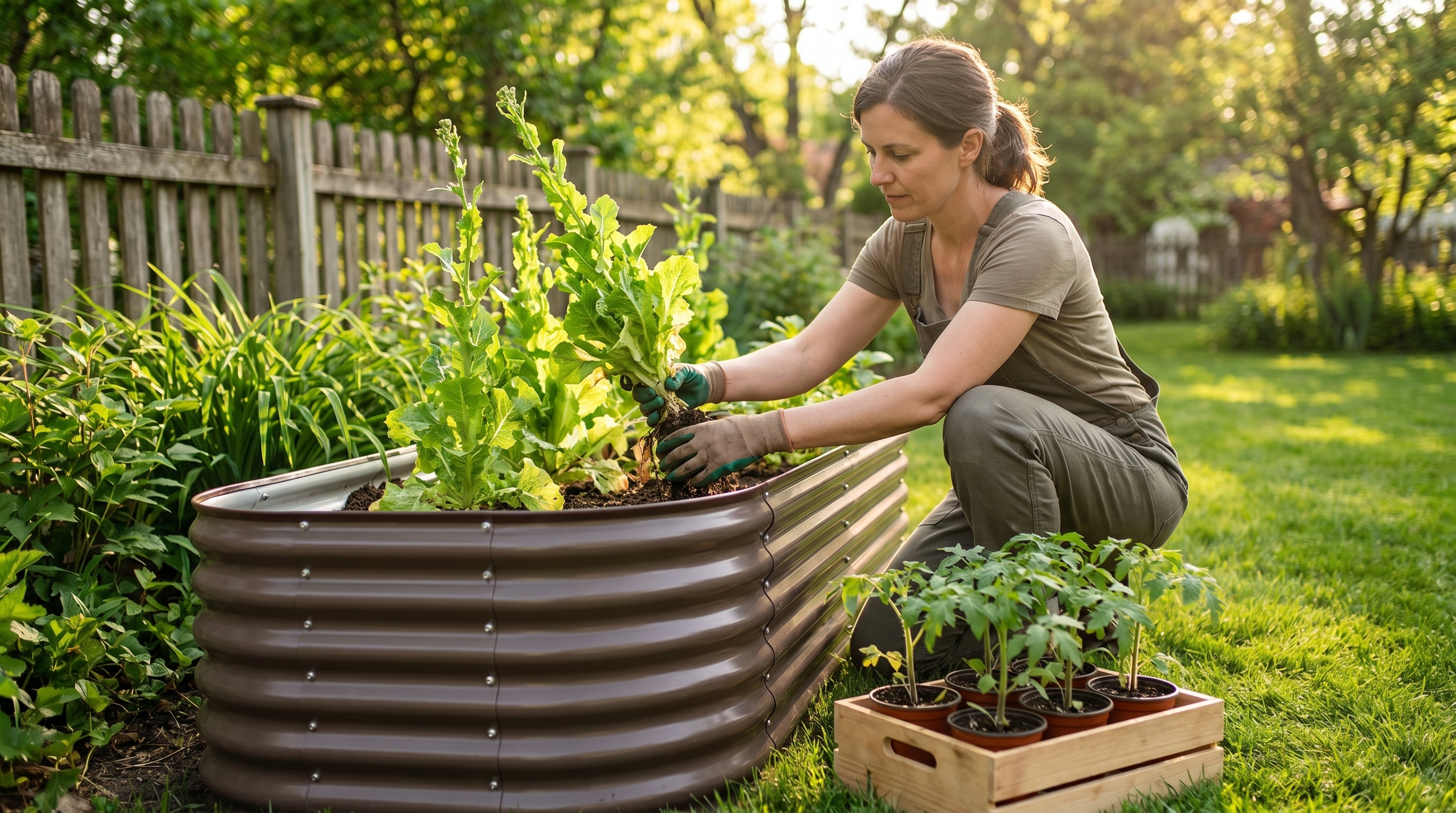 A gardener transitioning raised bed crops from cool-season spring vegetables to warm-season summer plants