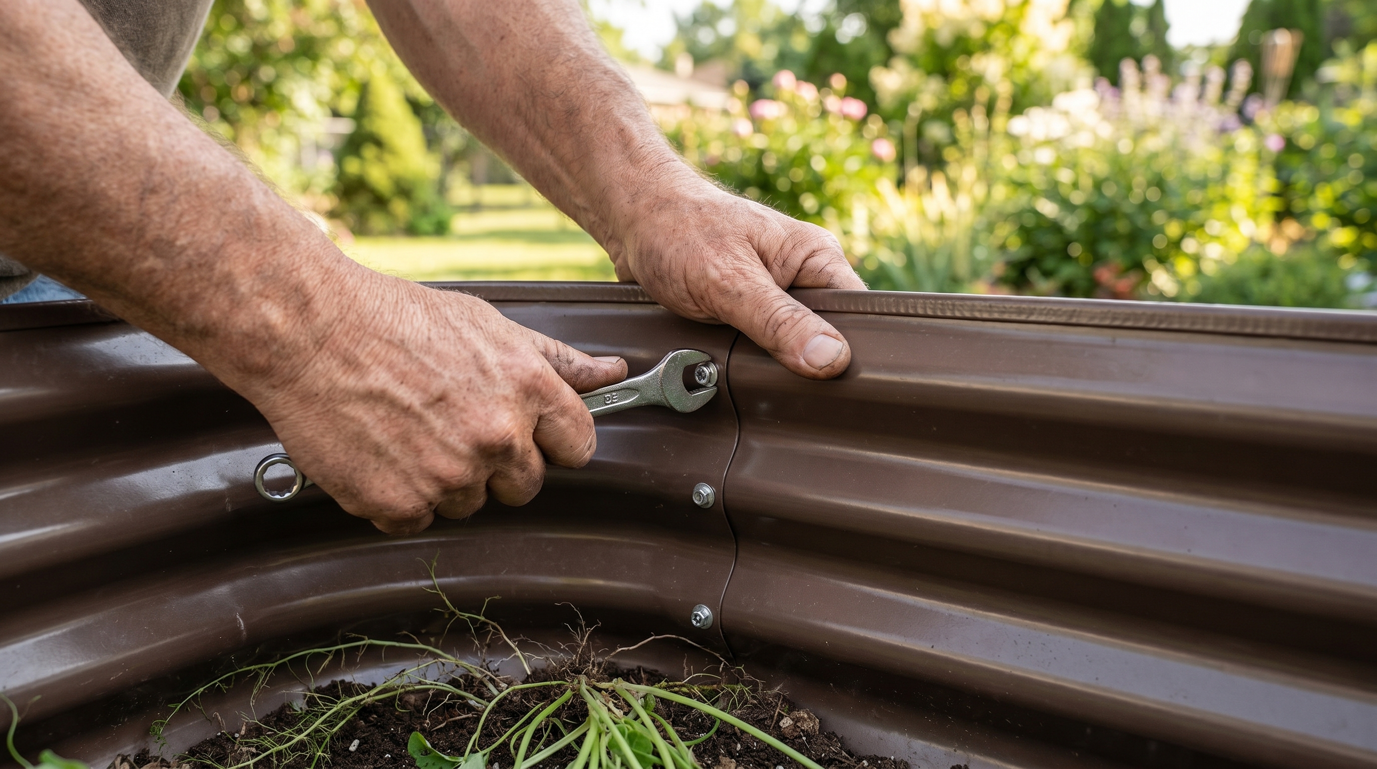 Close-up of galvanized steel raised garden bed panels being inspected and tightened during June mid-season maintenance check