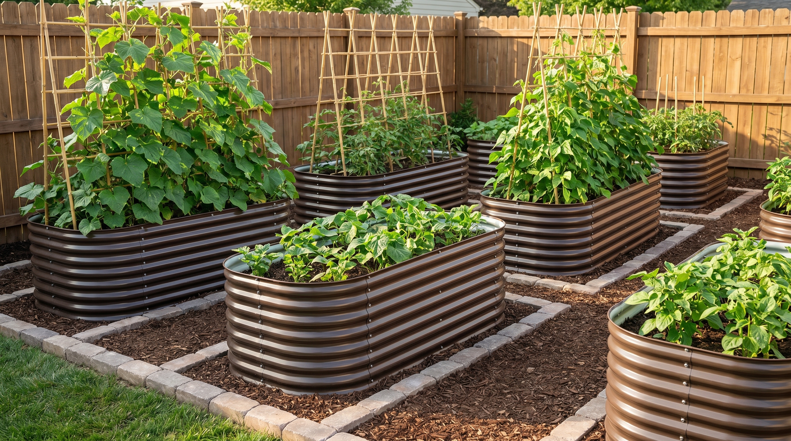 A beautifully styled June garden featuring trellises, decorative edging, and raised garden beds with climbing plants