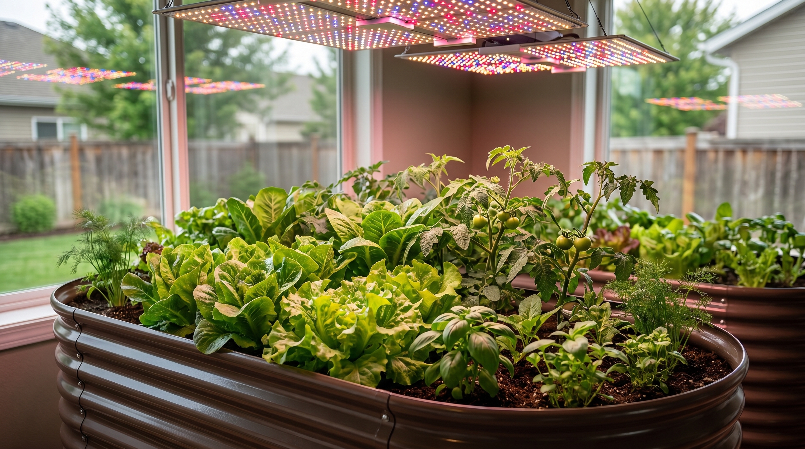 LED grow light spectrum over indoor vegetable garden with lush green plants thriving under red and blue light