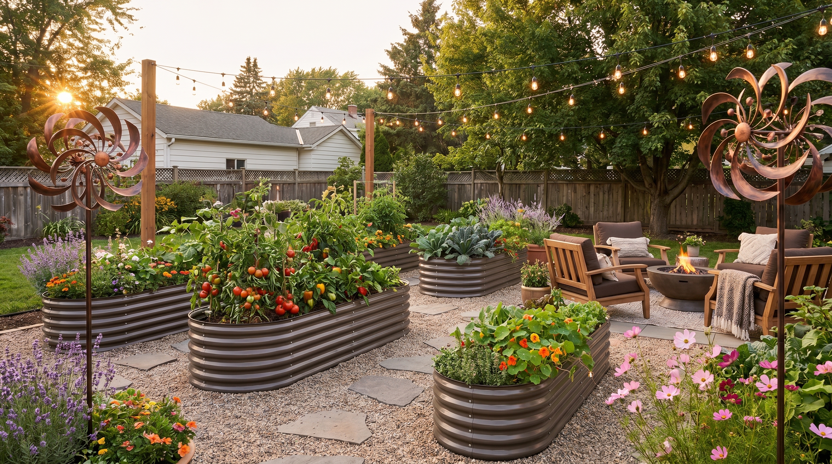 A beautifully organized backyard featuring raised modular garden beds, pathway lighting, and decorative wind spinners creating a full garden transformation A beautifully organized backyard featuring raised modular garden beds, pathway lighting, and decorative wind spinners creating a full garden transformation