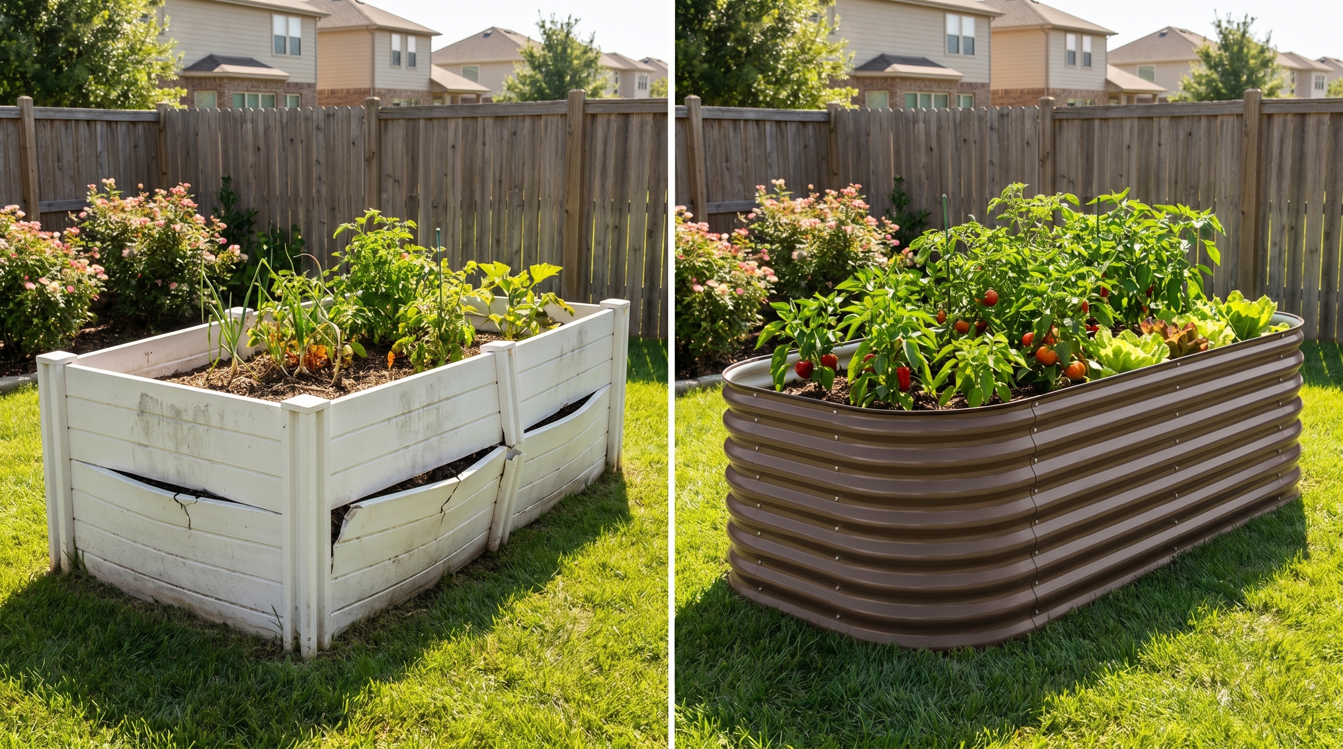 A side-by-side comparison of plastic and metal raised garden beds in a sunny backyard garden setting