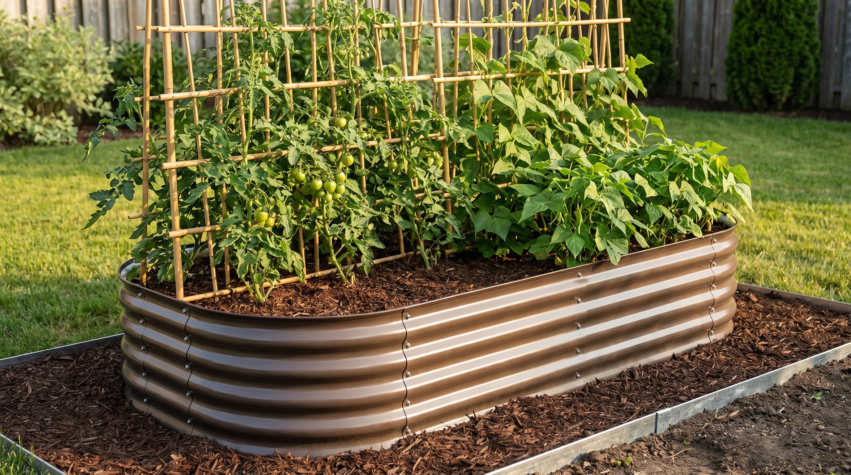 A styled raised garden bed with bamboo trellis and metal edging creating a polished, cohesive June garden aesthetic
