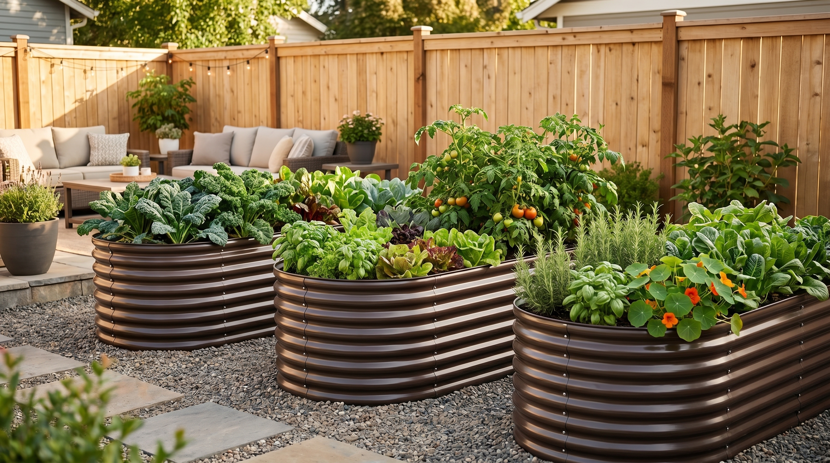 A range of raised garden bed color options displayed in a styled backyard to illustrate outdoor aesthetic choices
