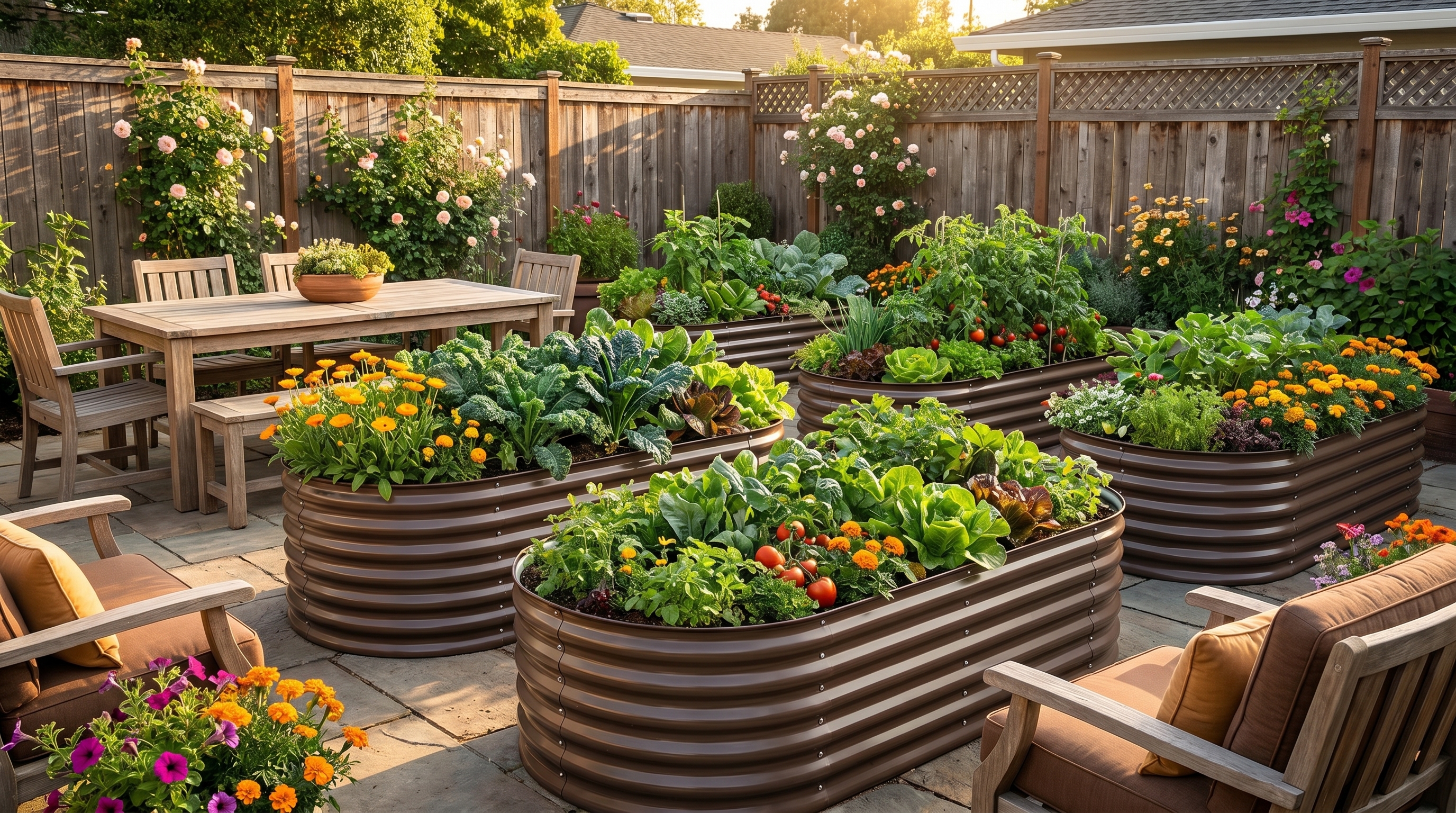 A beautifully styled backyard with colorful raised garden beds complementing outdoor aesthetic landscaping
