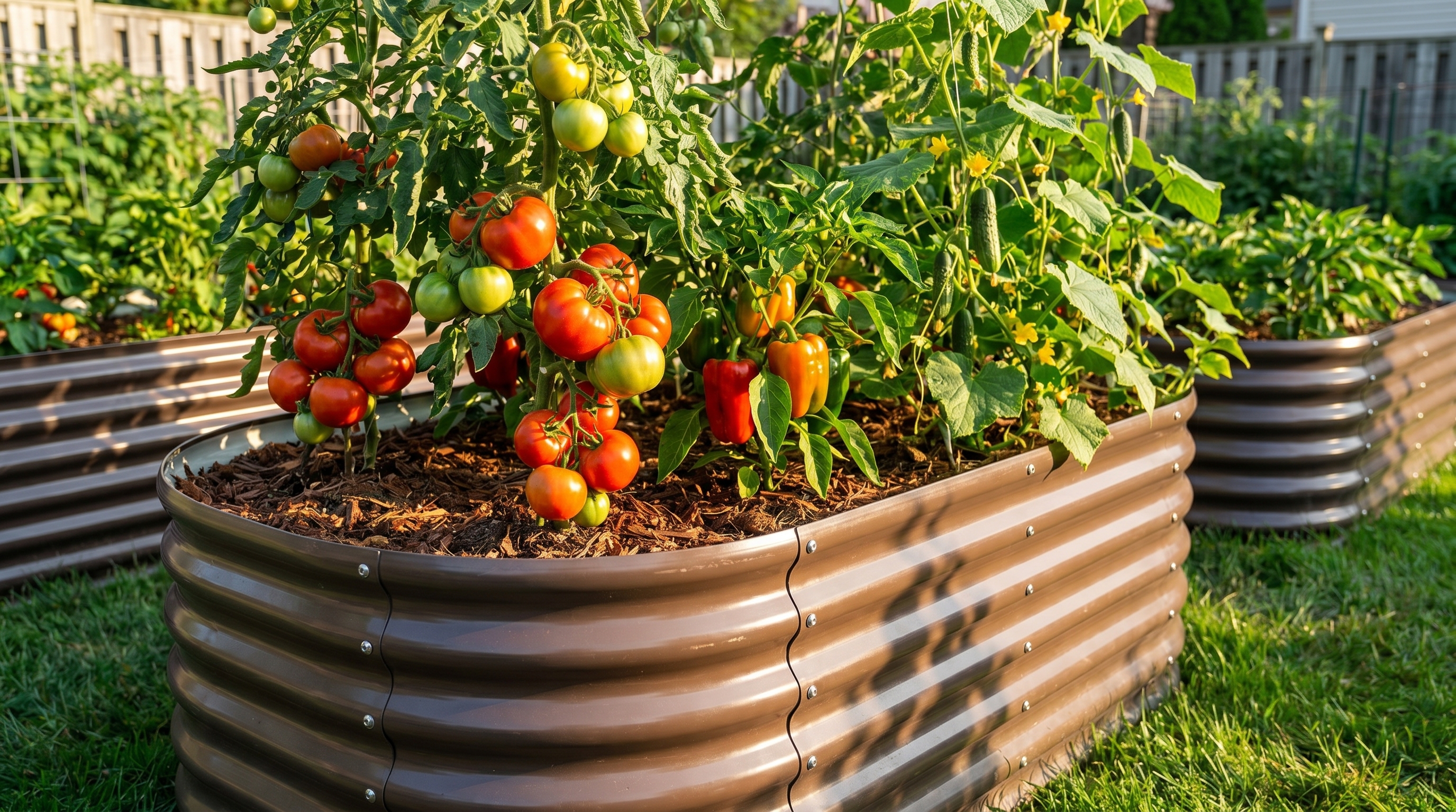 Healthy tomatoes and peppers growing in galvanized metal raised beds in summer sunlight