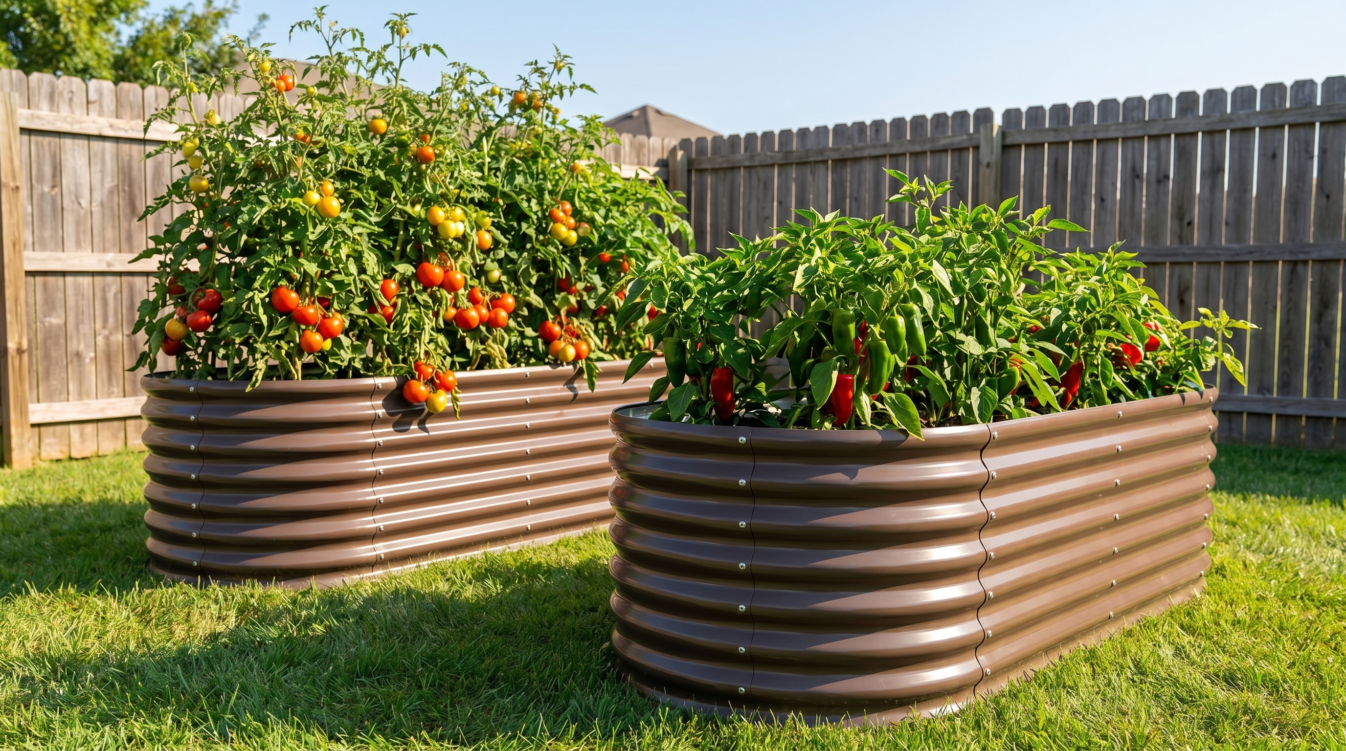 Metal raised garden beds growing summer vegetables safely in hot weather