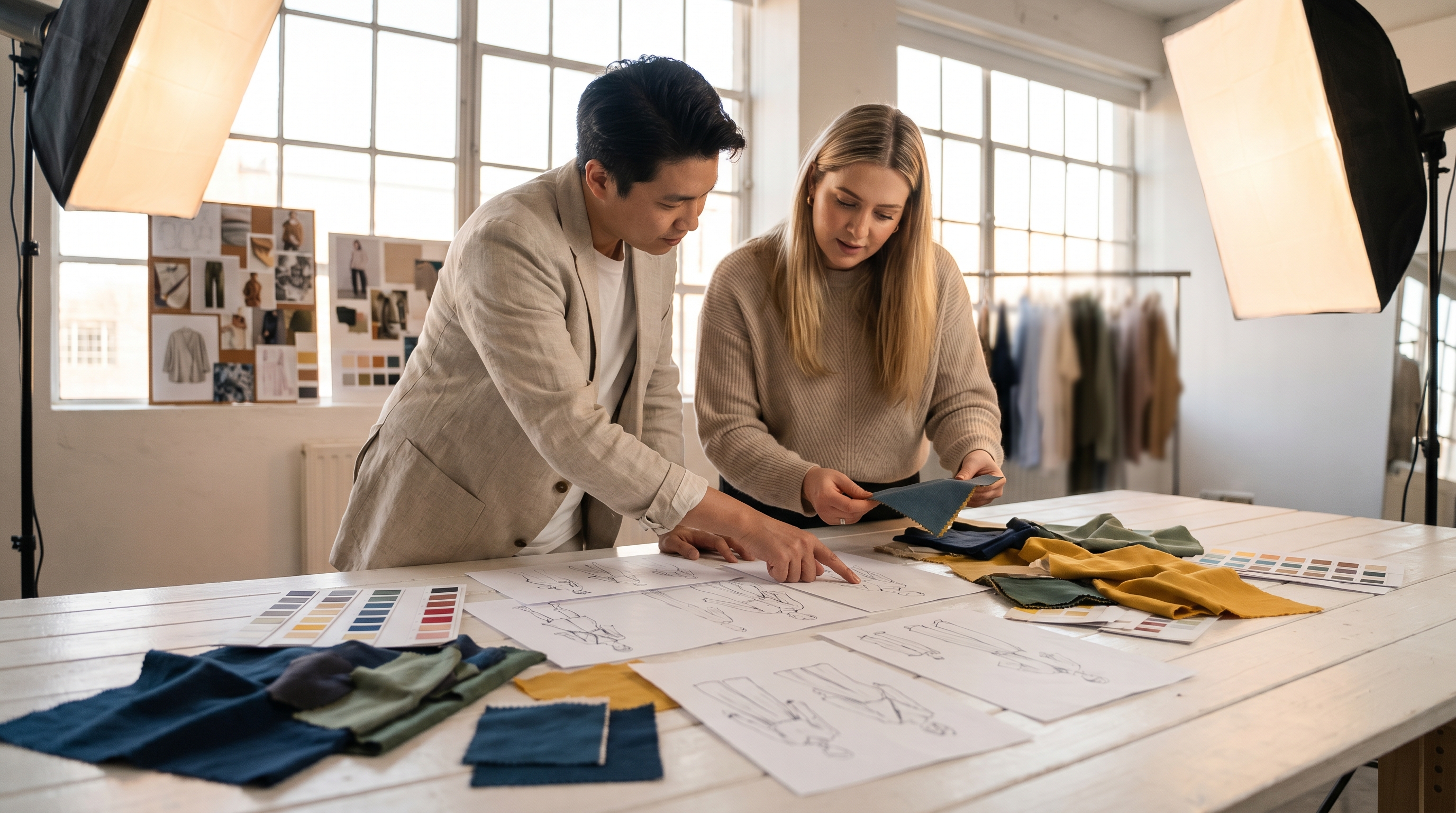 A fashion designer and brand founder reviewing sketches and fabric swatches together at a design studio workstation
