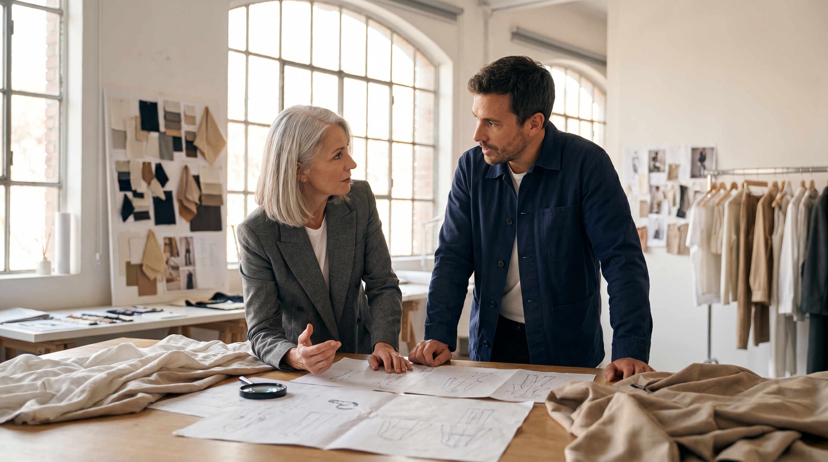 Fashion designer and manufacturing partner collaborating on high-end apparel production workflow