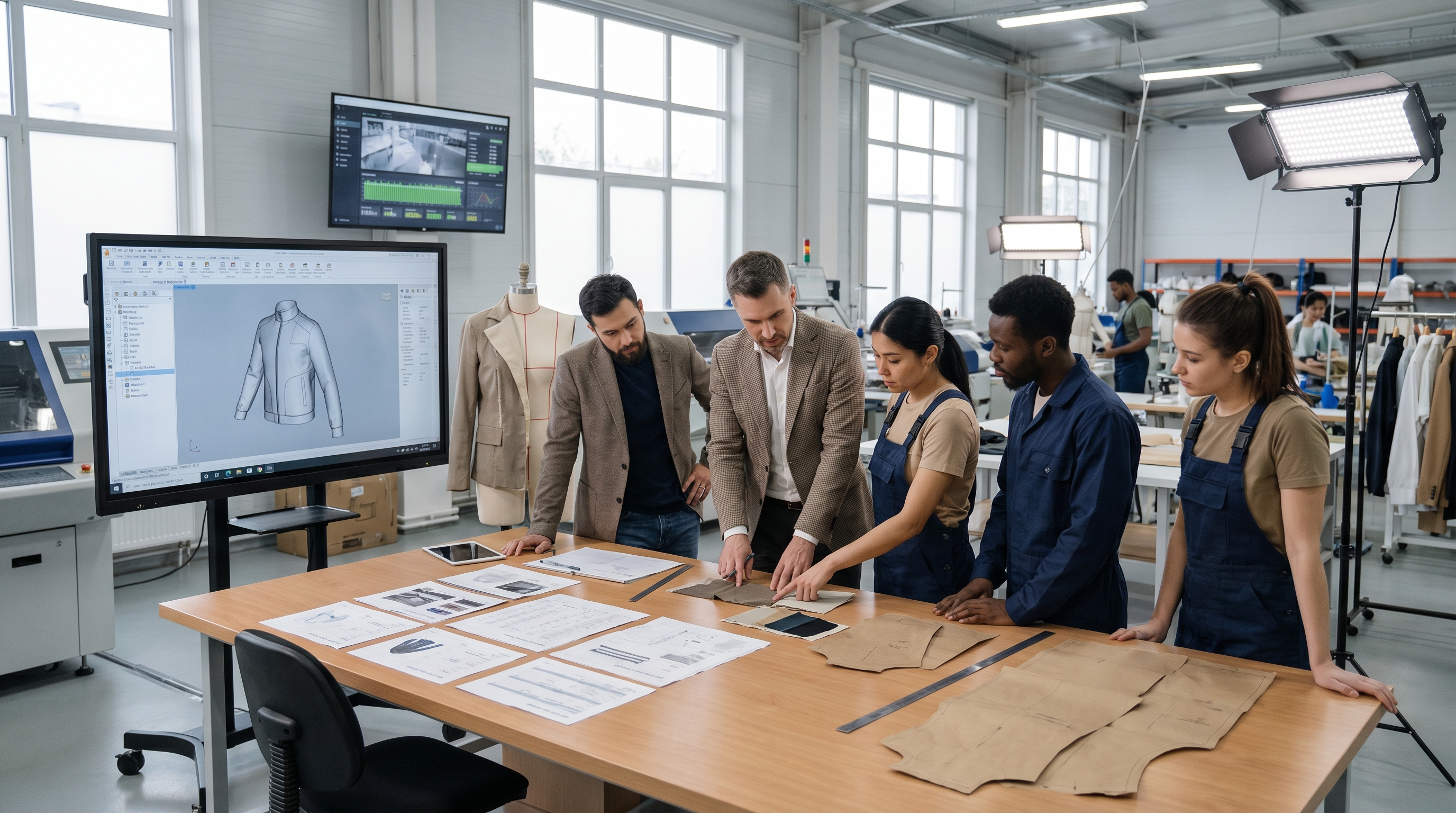 Fashion designer and production team reviewing technical specifications and fabric samples at a smart factory