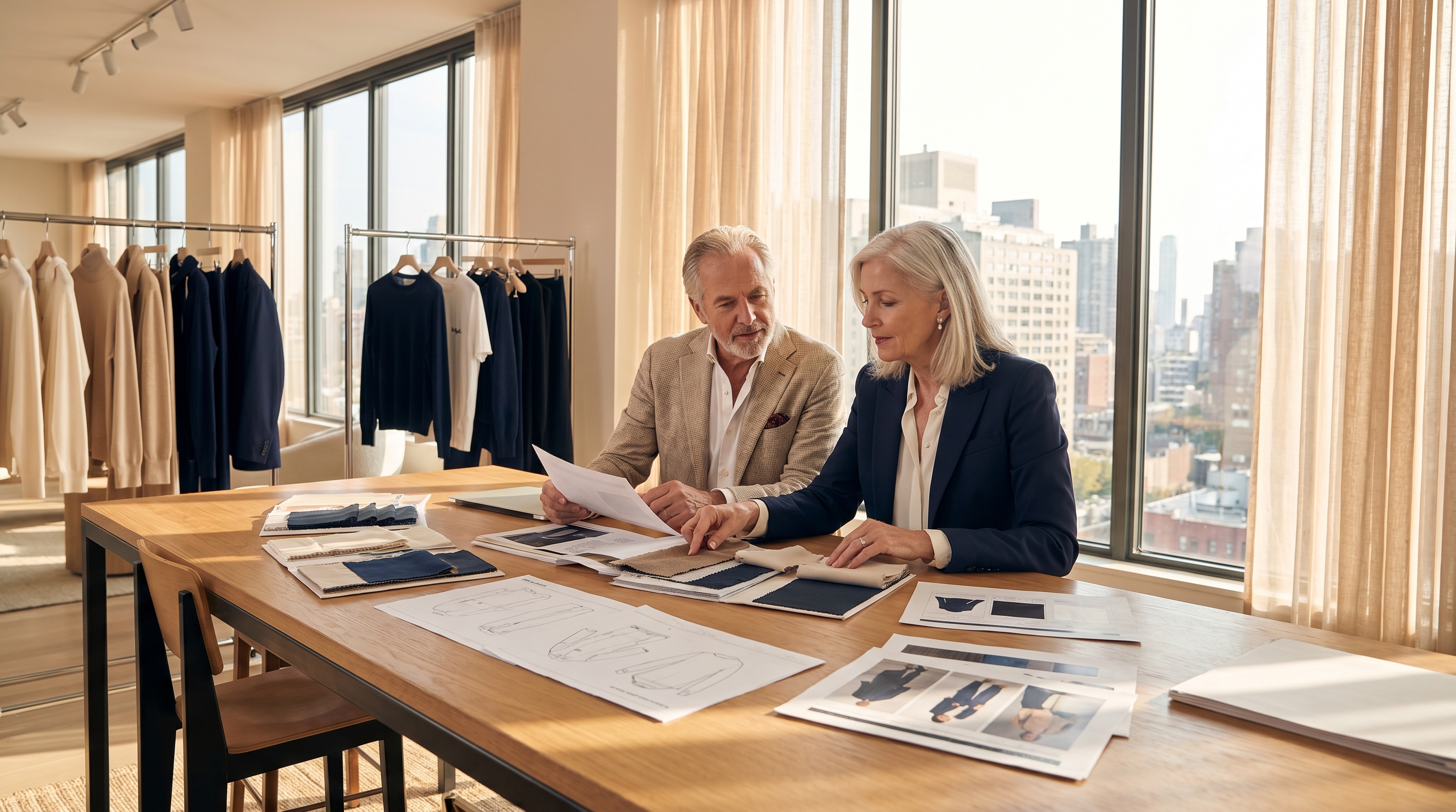 Fashion designer collaborating with manufacturing partner on garment development and apparel supply chain