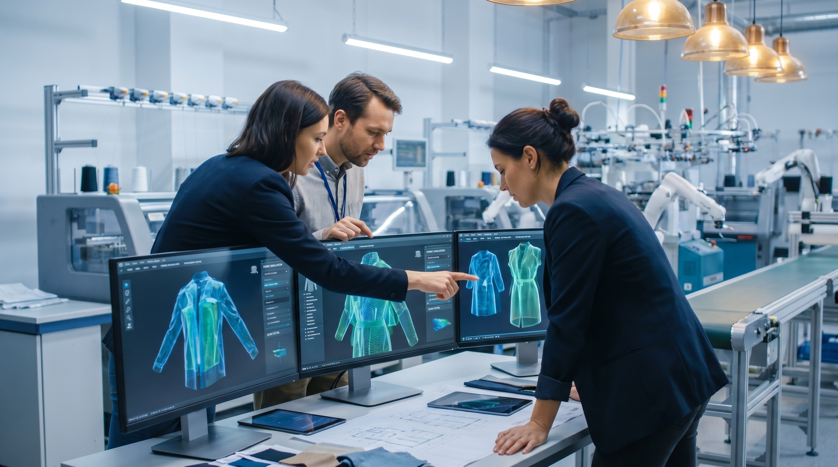 Fashion designer and manufacturing partner reviewing 3D CAD apparel renderings in a smart factory setting