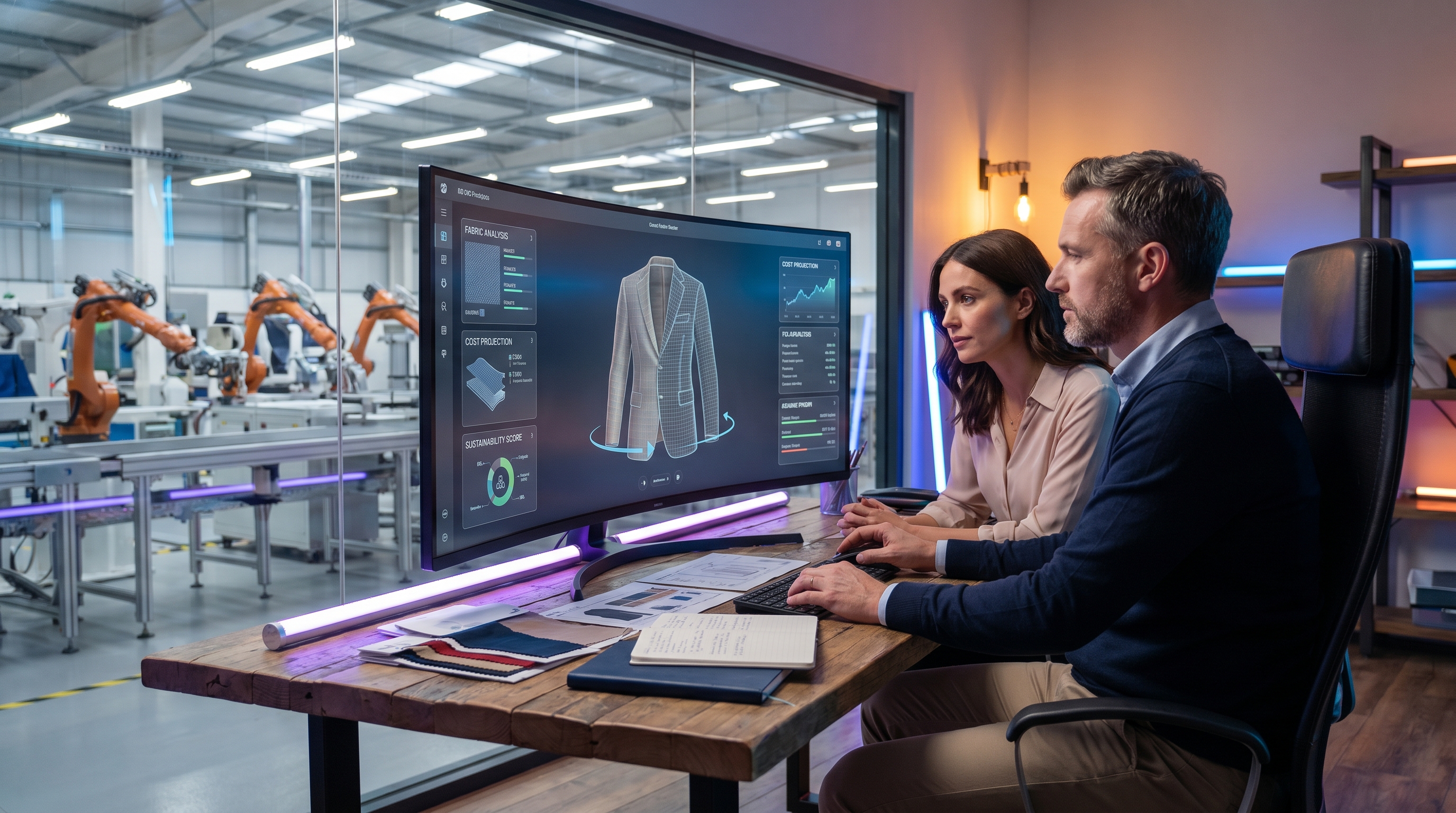 Fashion designer and manufacturing partner reviewing 3D CAD garment prototypes using AI fashion design and smart factory technology