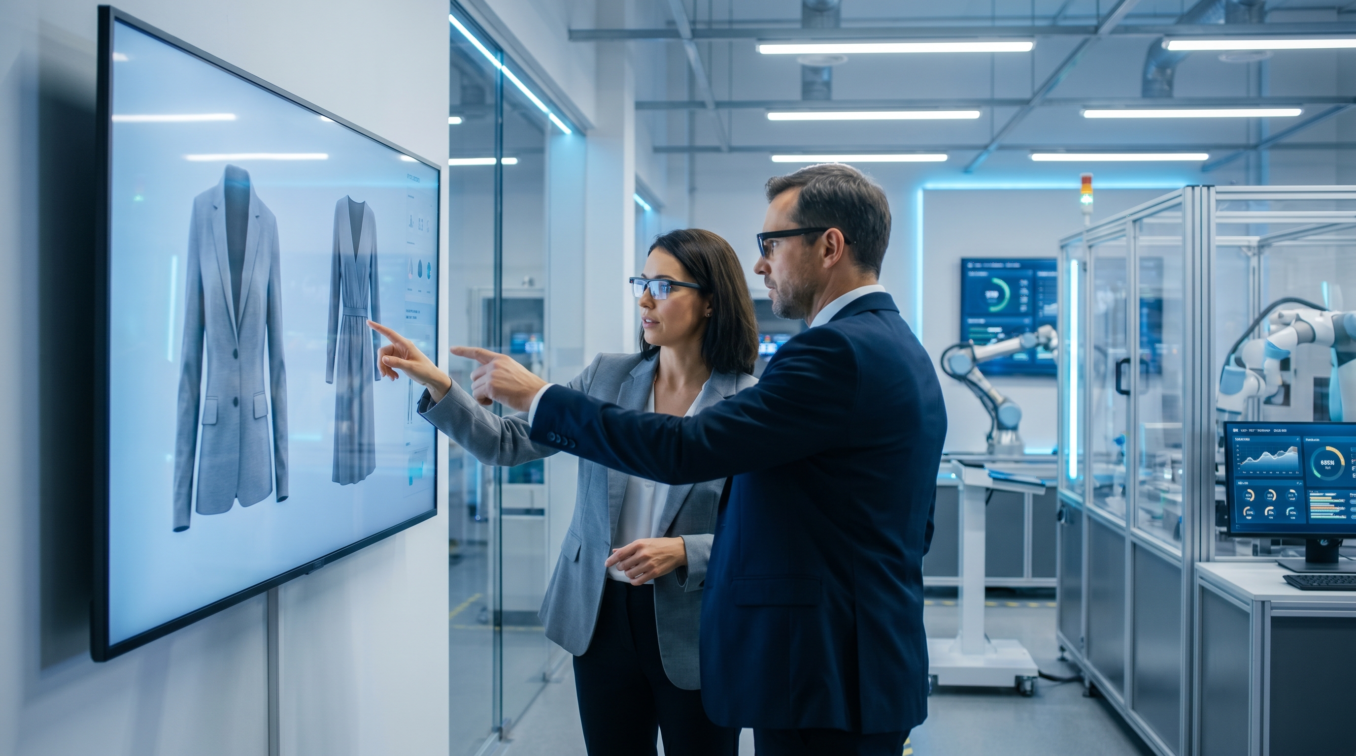 Supply chain director and fashion designer reviewing 3D CAD apparel samples in a smart factory environment