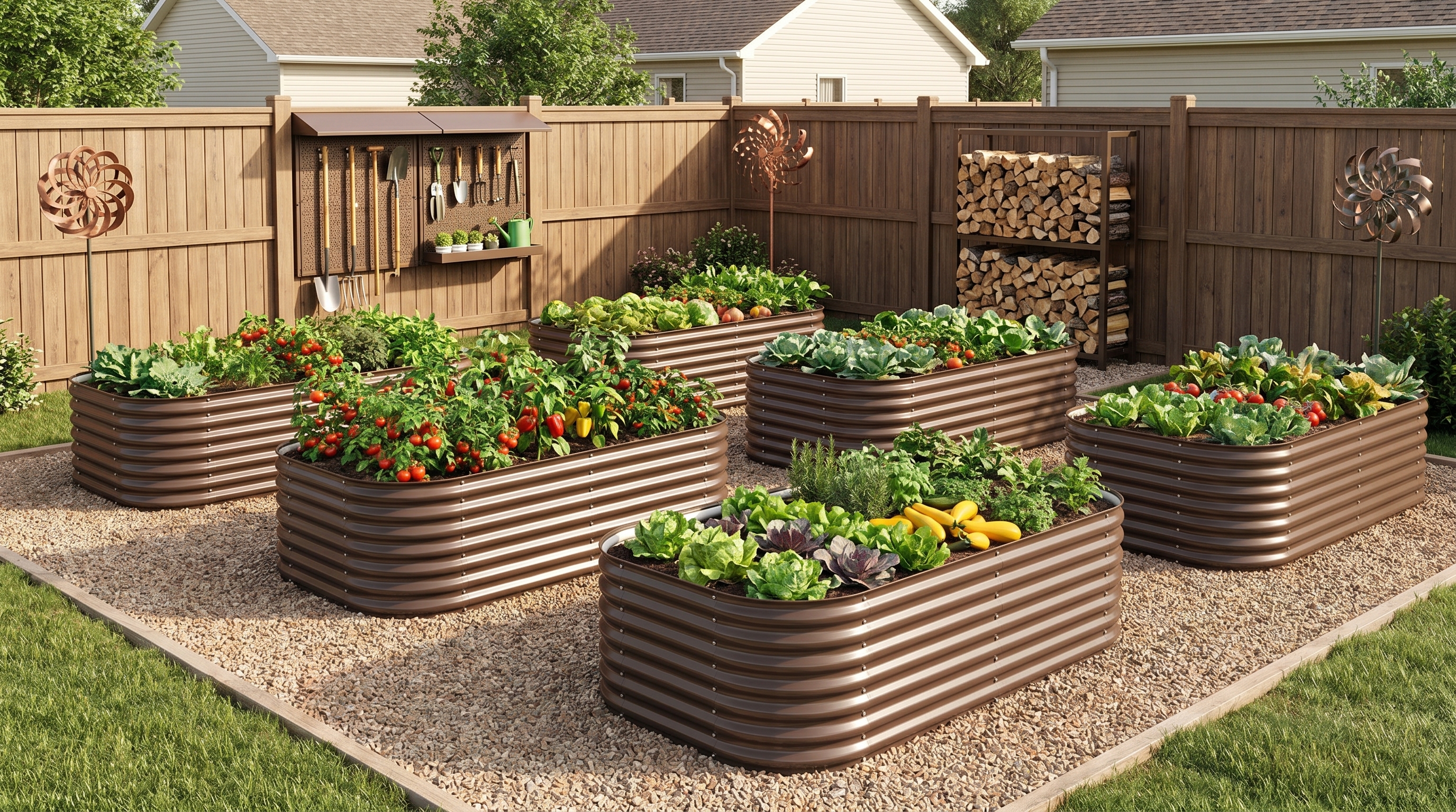 Anleolife modular raised garden beds arranged in an organized summer backyard with tool storage zone, pathway systems, and kinetic wind spinners