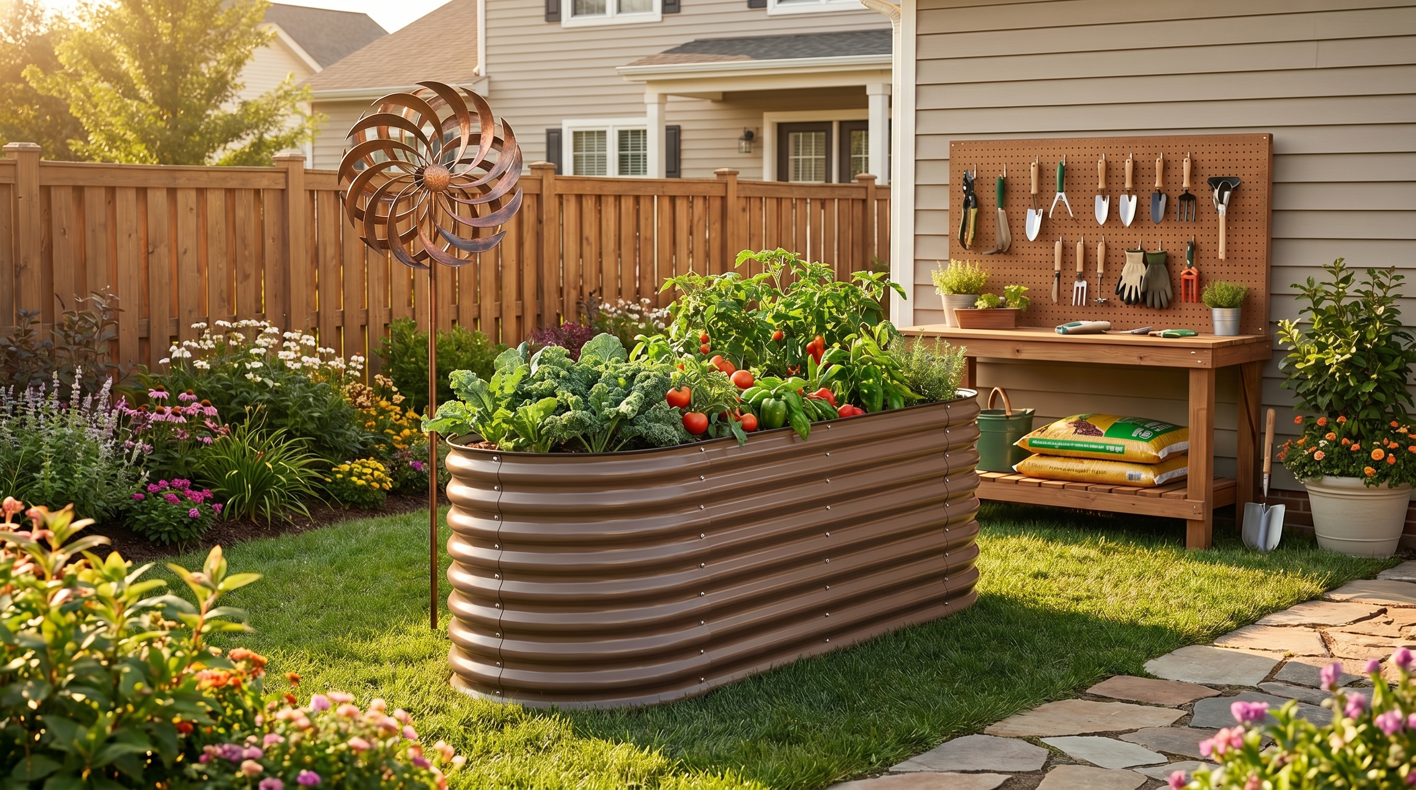 Beautifully arranged backyard with raised garden bed, kinetic wind spinner, and organized tool storage area
