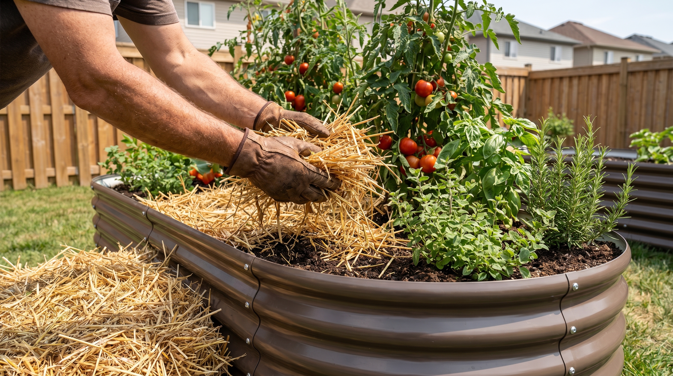 Close-up of gardener applying mulch to a raised garden bed in summer to prevent heat stress and soil compaction