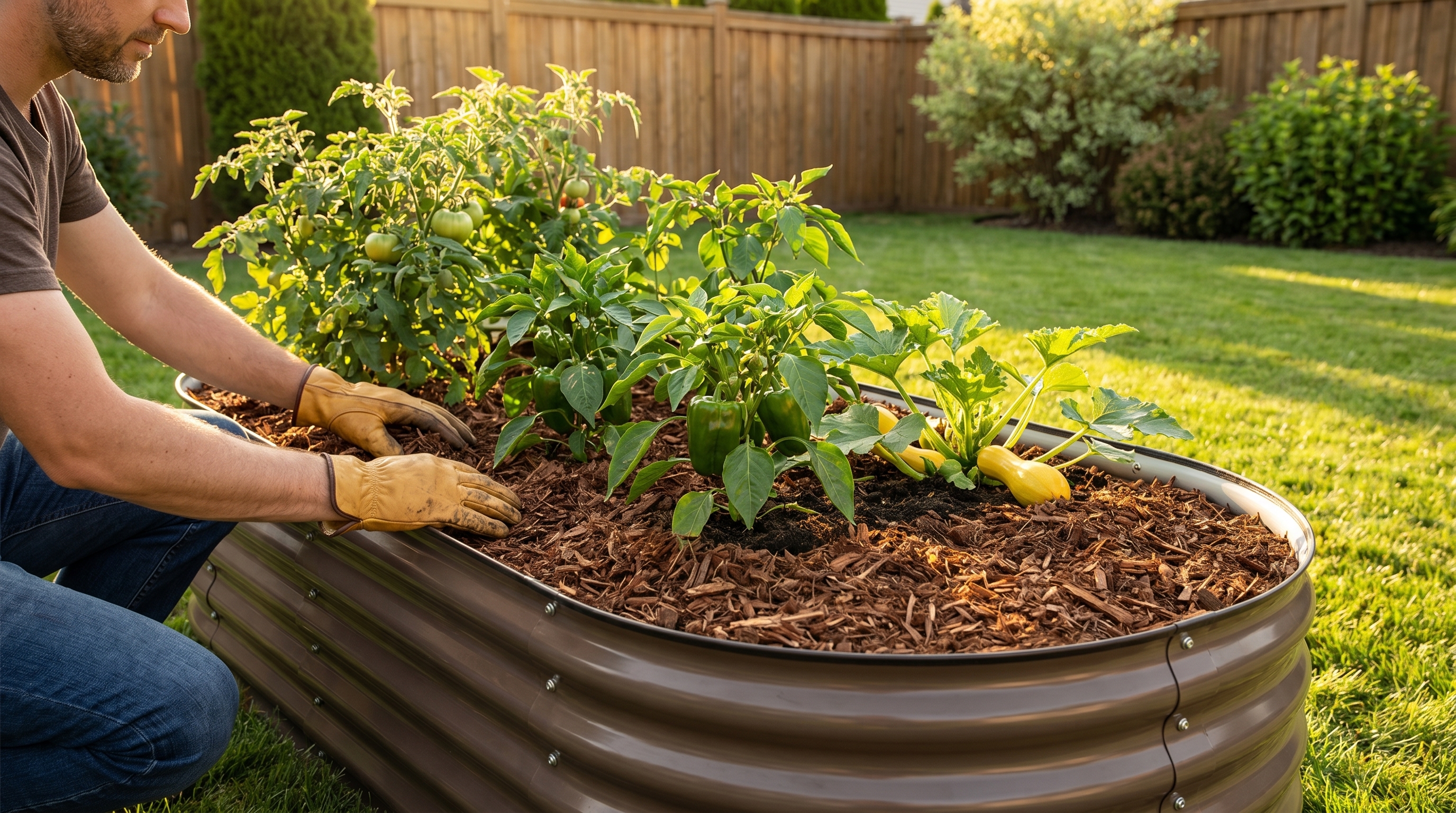 A gardener spreading wood chip mulch over a raised metal garden bed in summer sunlight