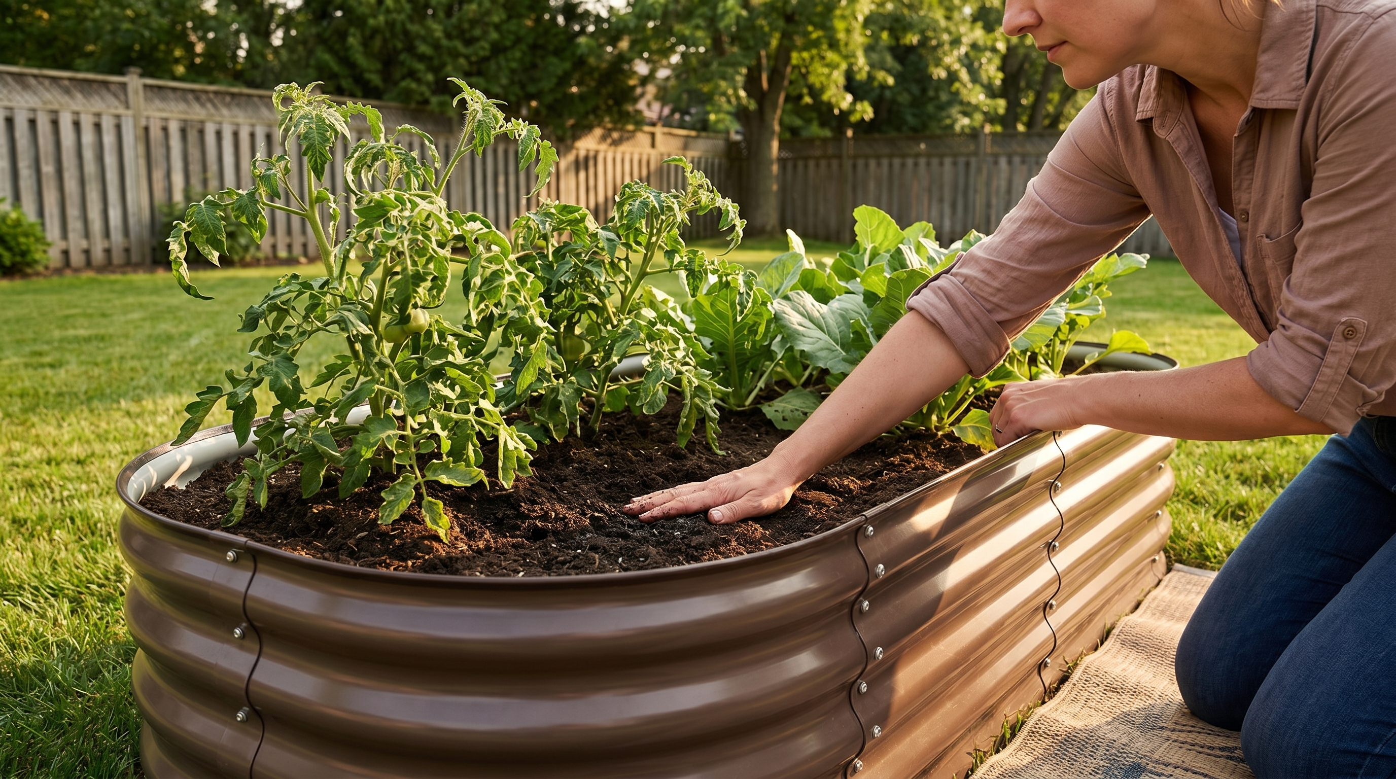 A gardener inspecting a raised garden bed in summer heat, checking soil and plants for common problems