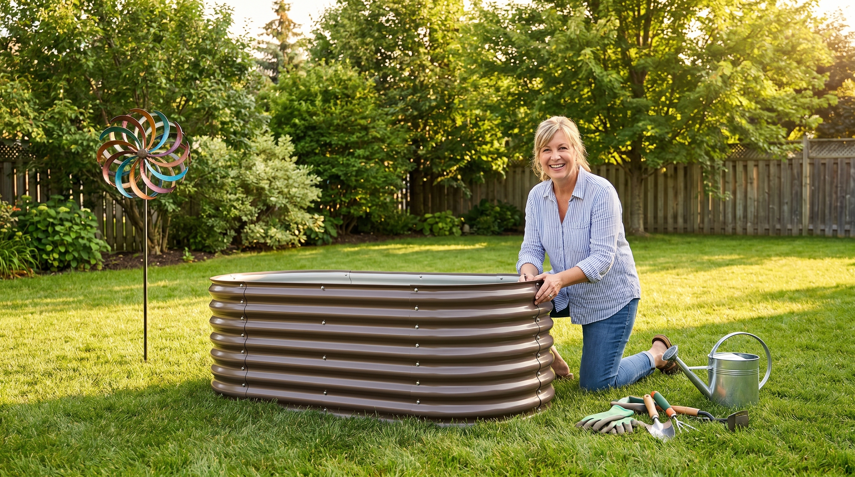 A homeowner building a raised garden bed in a sunny backyard on a summer weekend afternoon