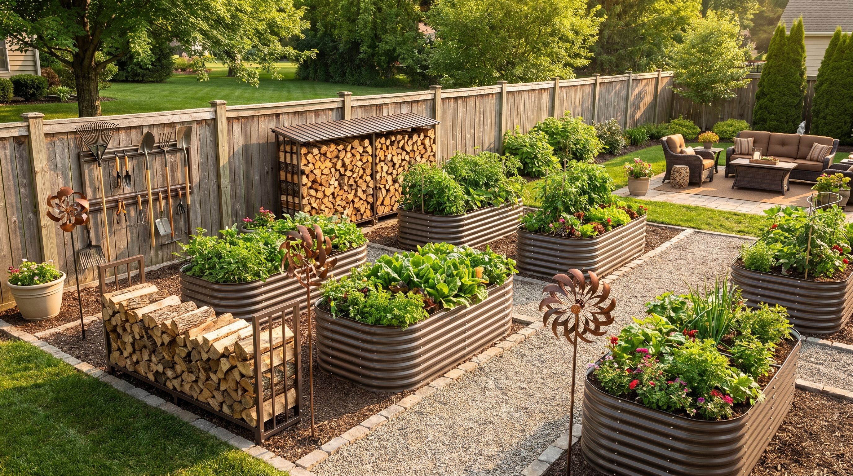 A neatly organized backyard featuring firewood racks, garden tool storage, and raised garden beds surrounded by summer greenery