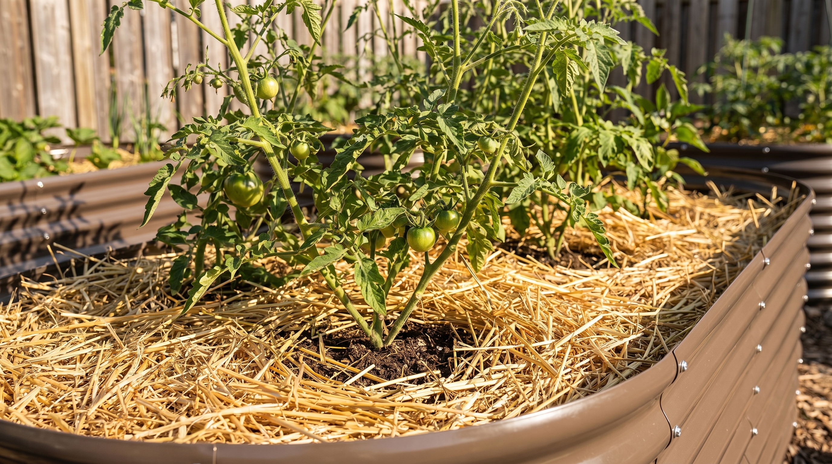 Layers of straw mulch applied around tomato plants in a tall galvanized raised garden bed in summer