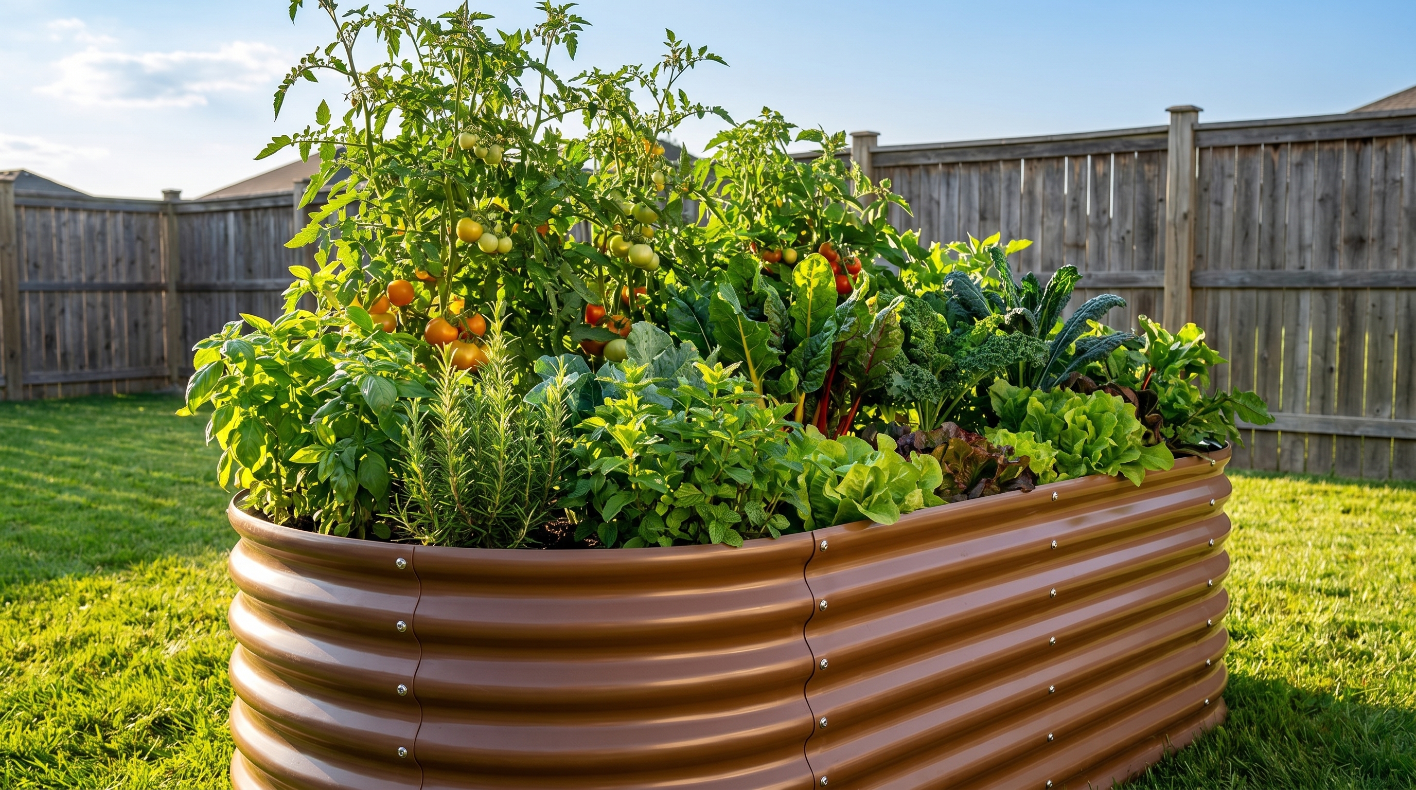 A beautiful raised garden bed filled with vegetables and herbs in a sunny backyard, showcasing affordable and durable garden bed options under $200