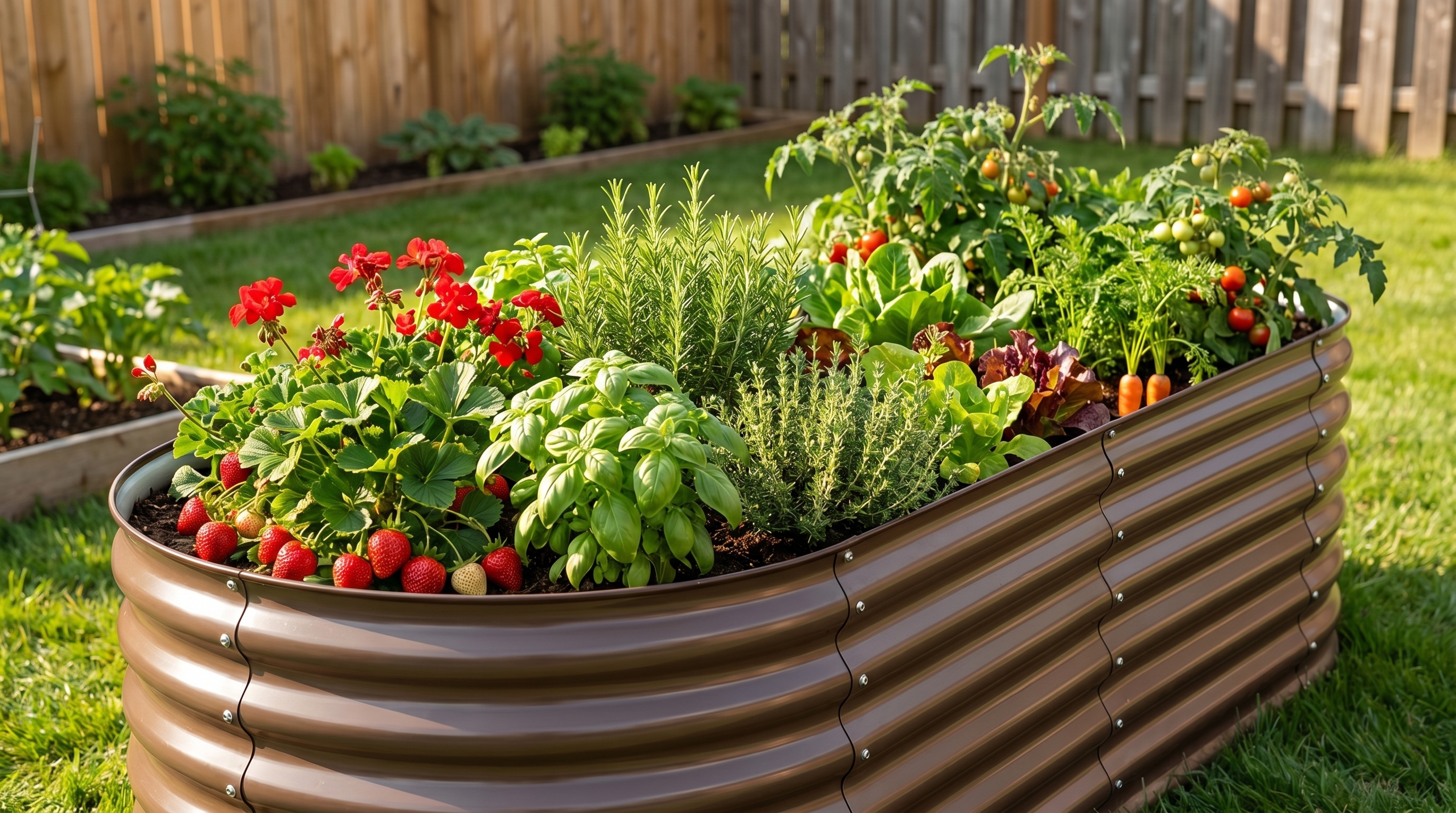 Customer-assembled Anleolife 8x4 galvanized raised garden bed with strawberries and herbs growing