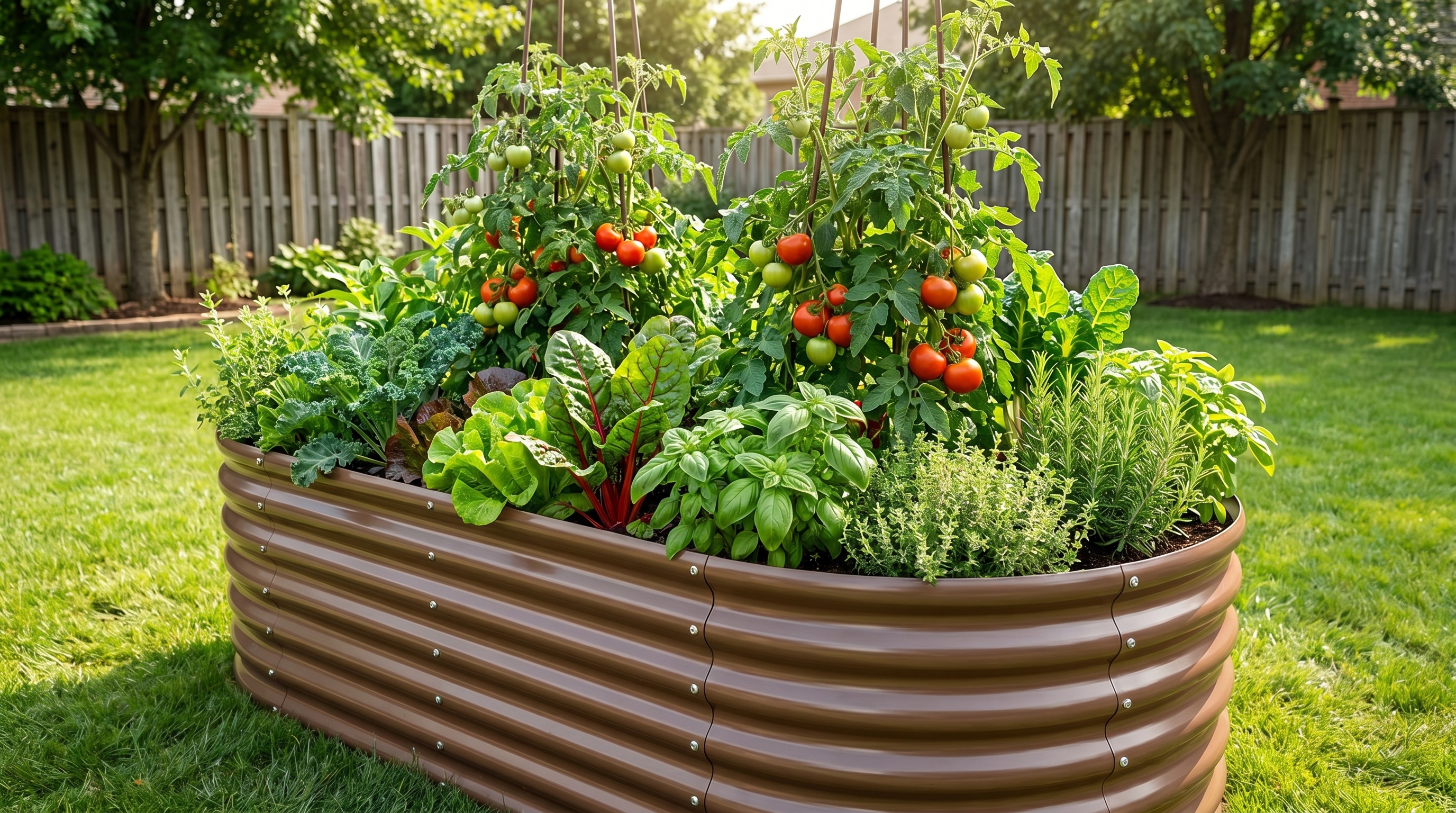 Anleolife 8x4 raised garden bed installed in a backyard with vegetables growing inside